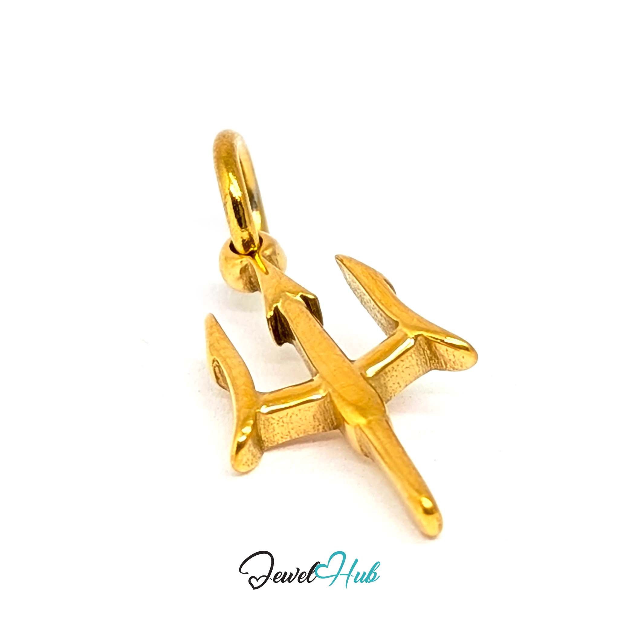 Trident charm in gold stainless steel - three-quarter view - JewelHub