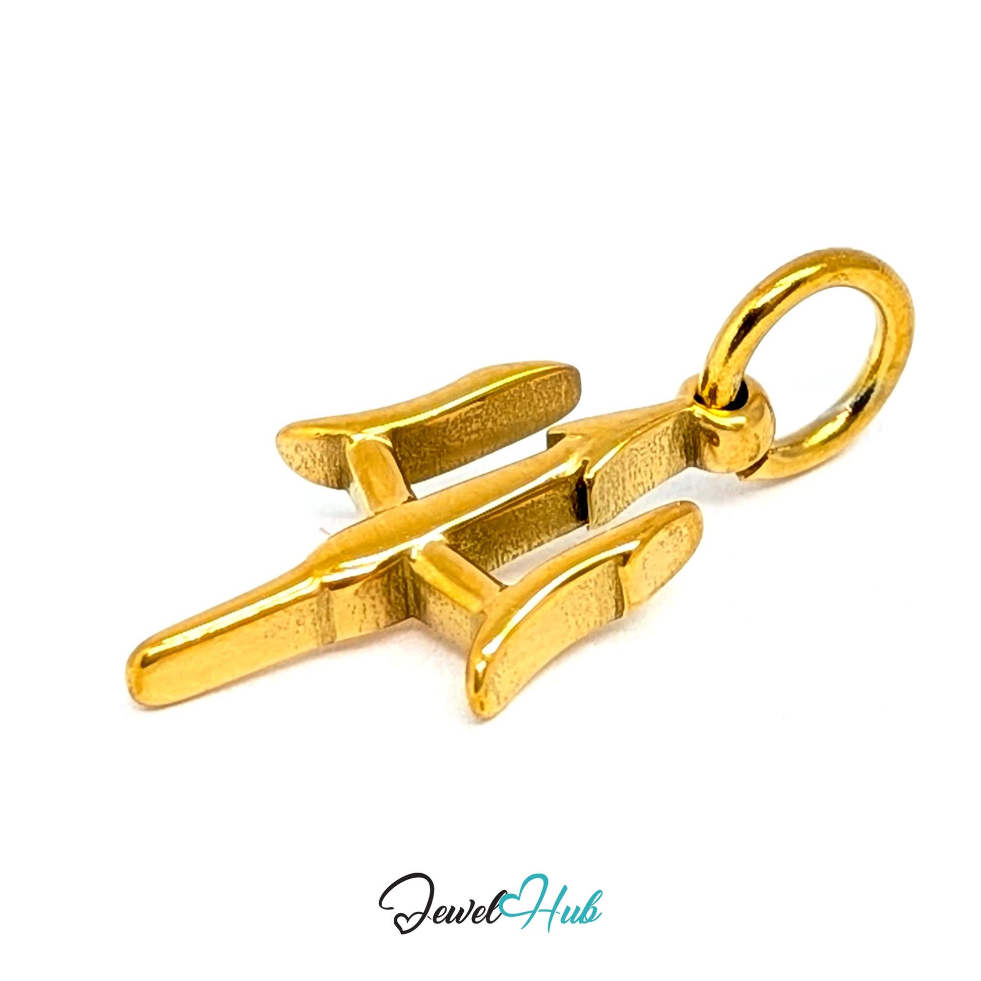 Trident charm in gold stainless steel - angled view - JewelHub