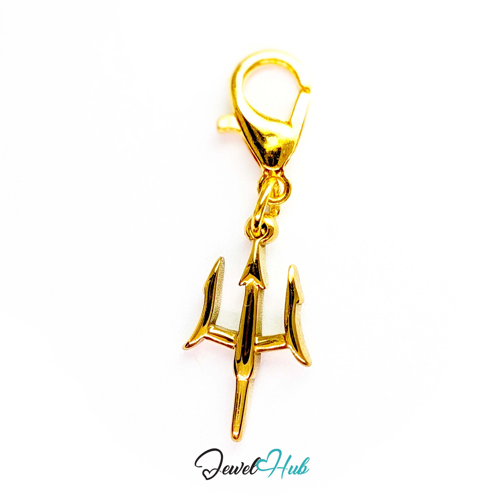Trident charm in gold stainless steel - shown with the lobster clasp attached - JewelHub