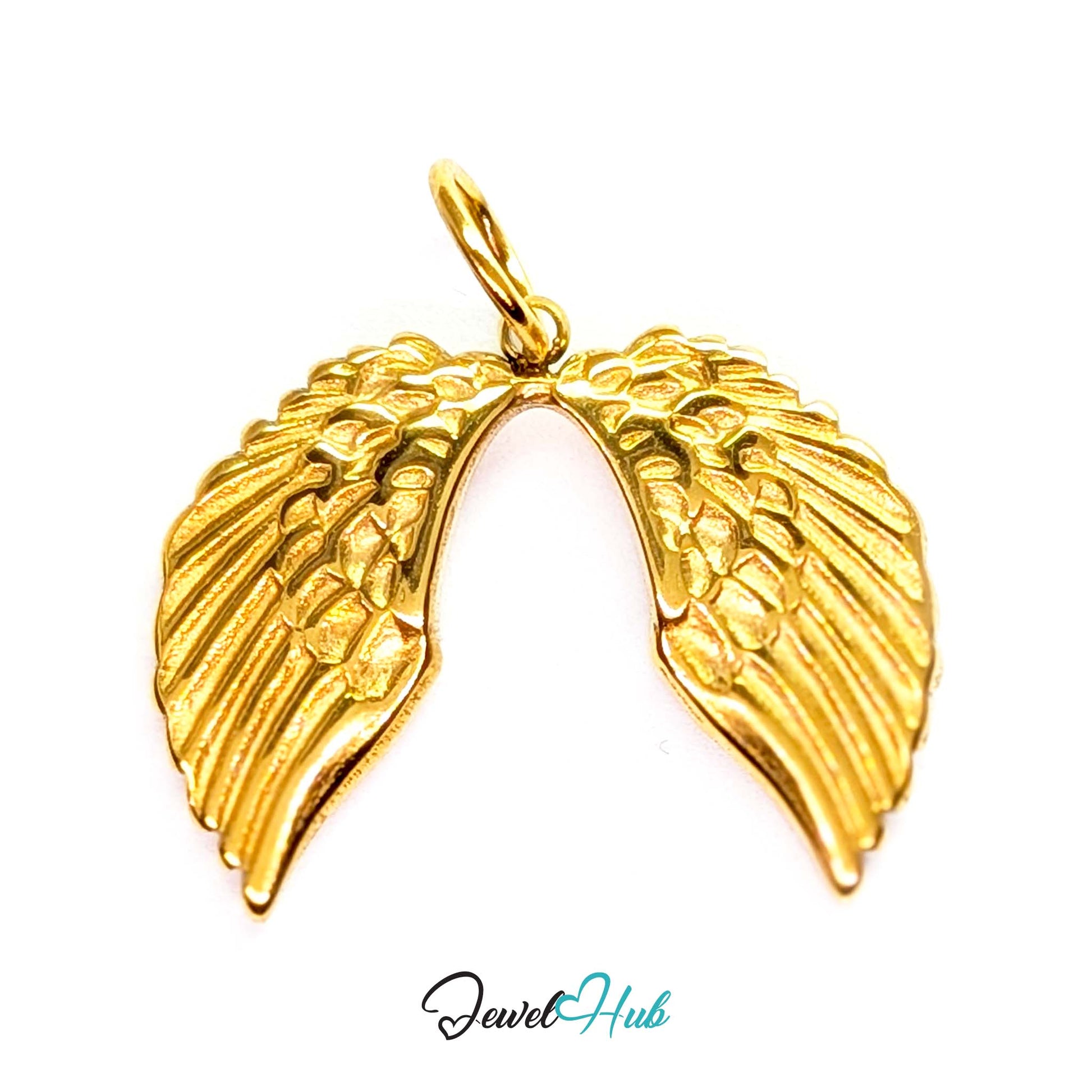Angel wings charm in gold stainless steel - front view - JewelHub
