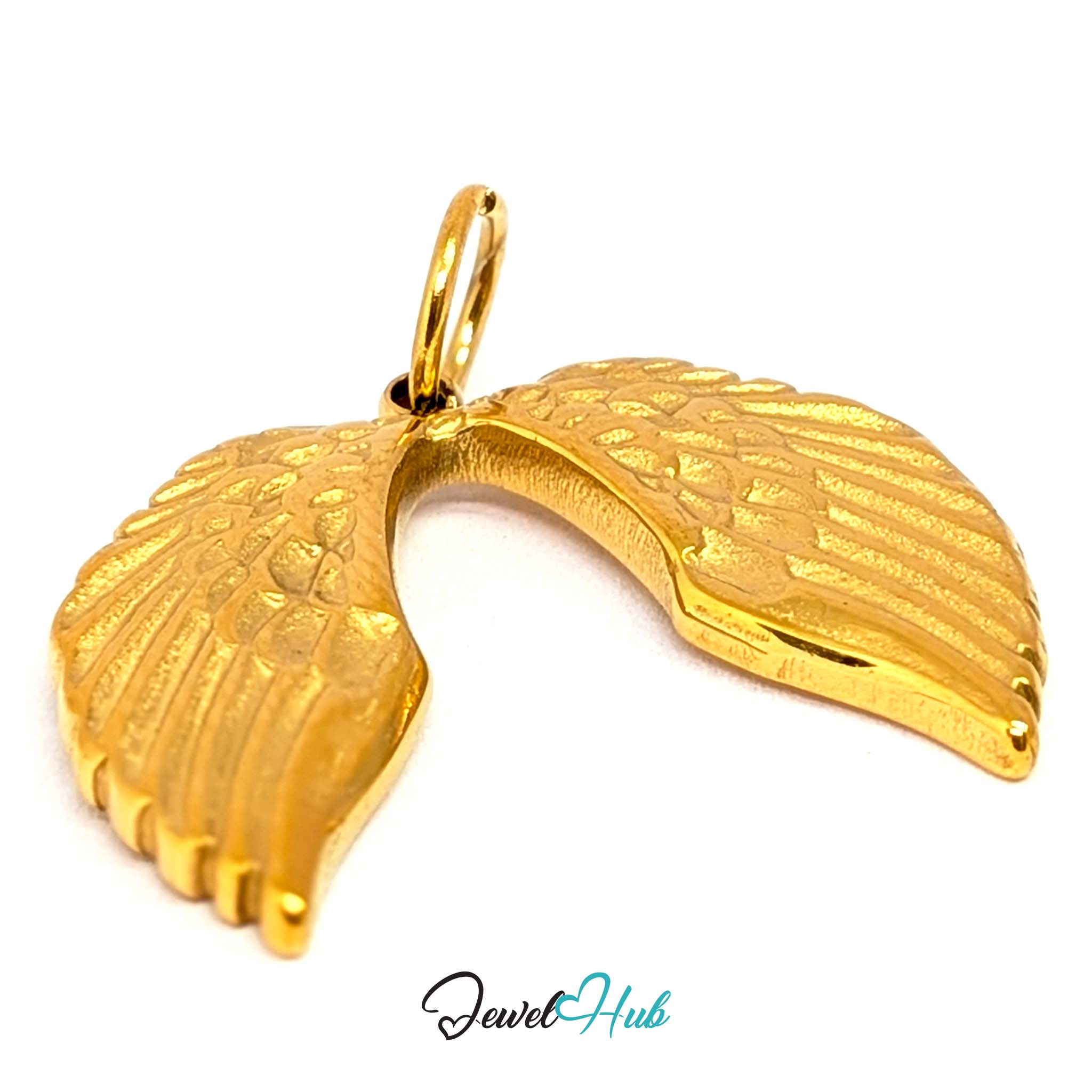 Angel wings charm in gold stainless steel - three-quarter view - JewelHub