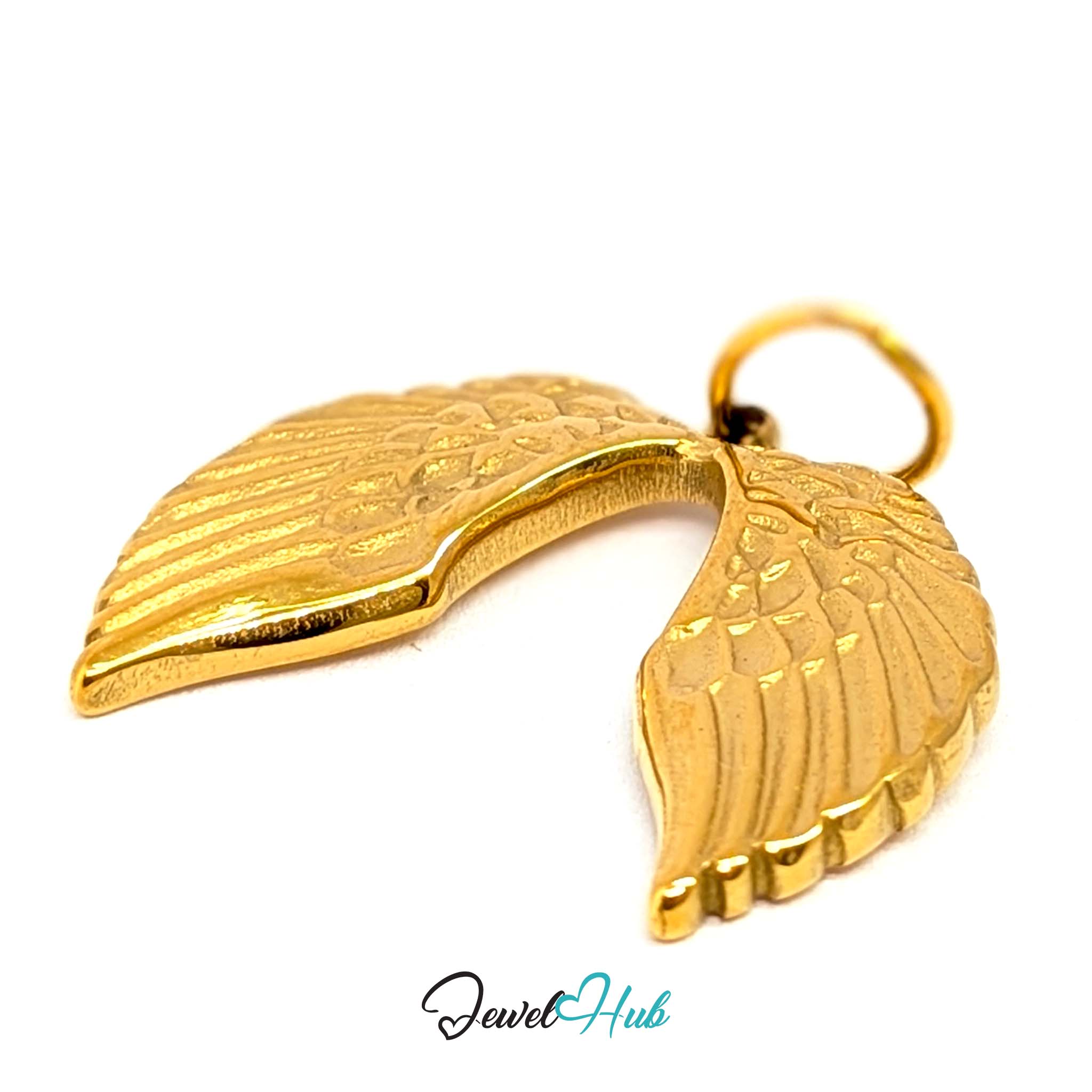 Angel wings charm in gold stainless steel - angled view - JewelHub