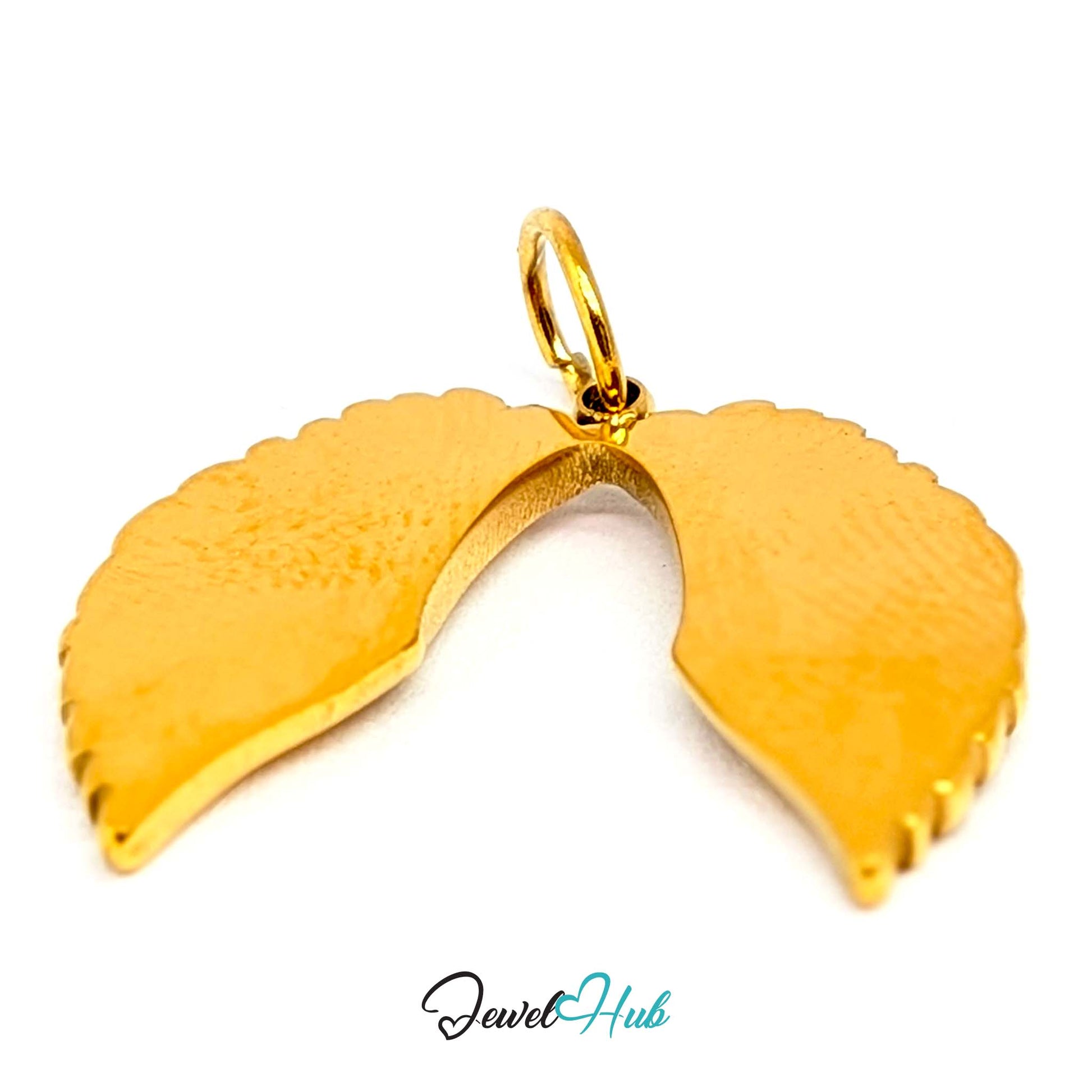 Angel wings charm in gold stainless steel - turned to show depth - JewelHub