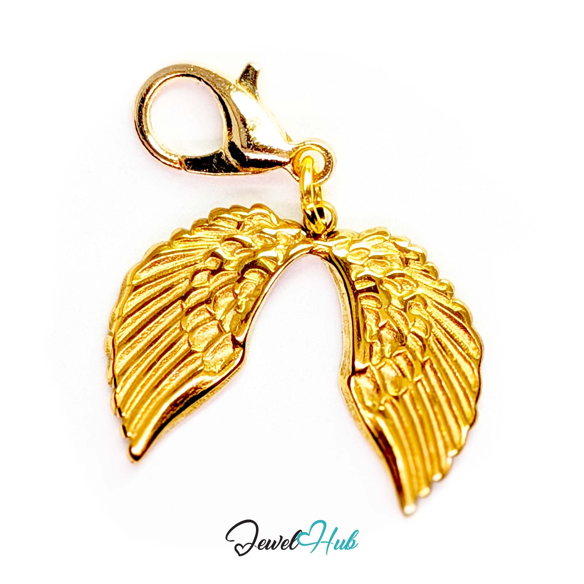 Angel wings charm in gold stainless steel - shown with the lobster clasp attached - JewelHub