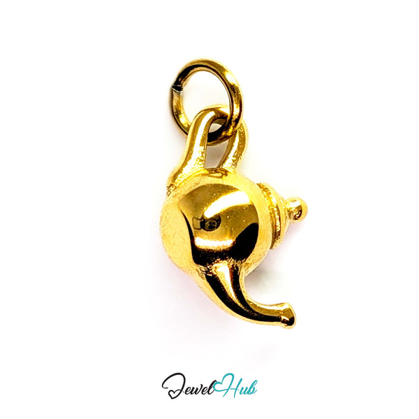 Three-dimensional teapot charm in gold stainless steel - front view - JewelHub