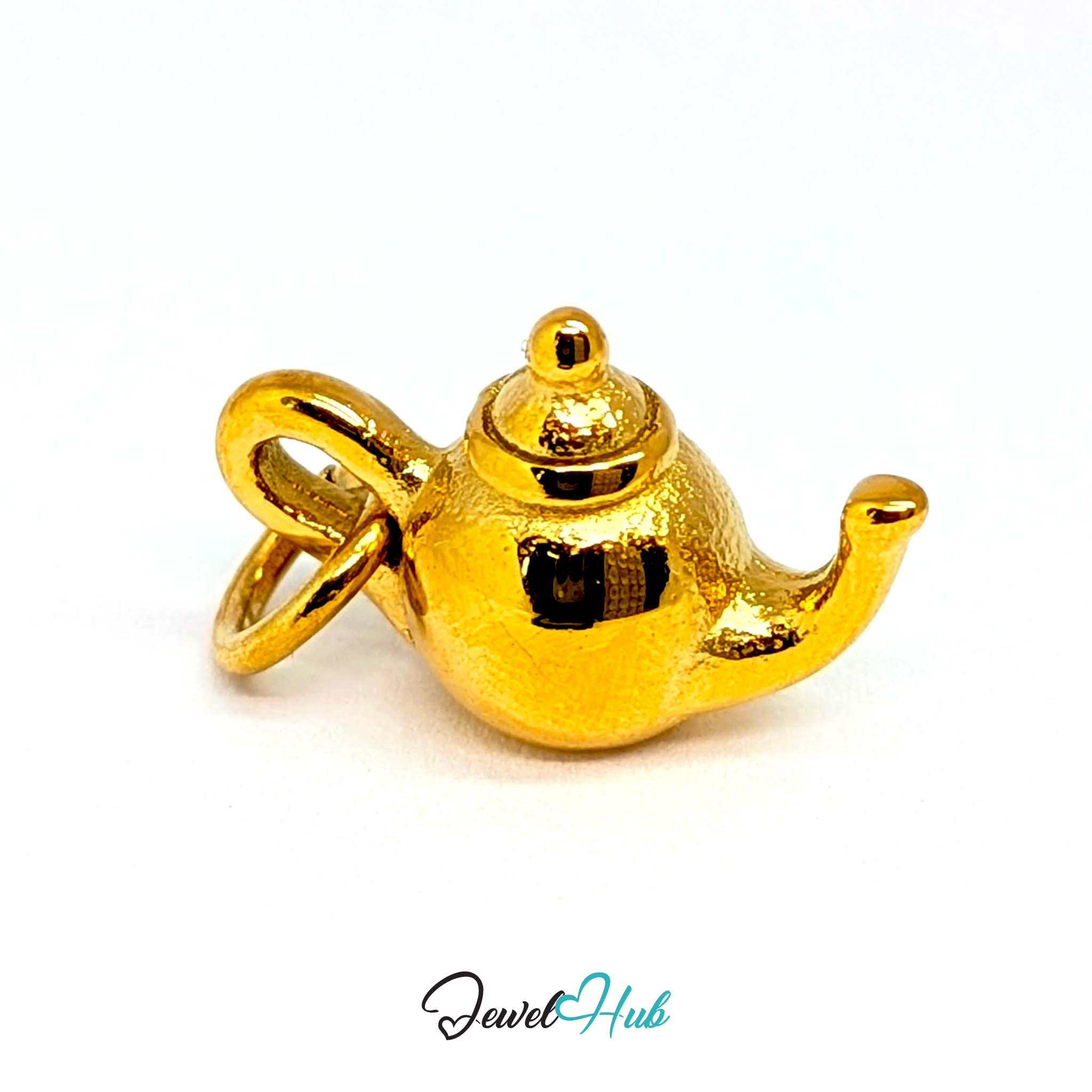 Three-dimensional teapot charm in gold stainless steel - three-quarter view - JewelHub