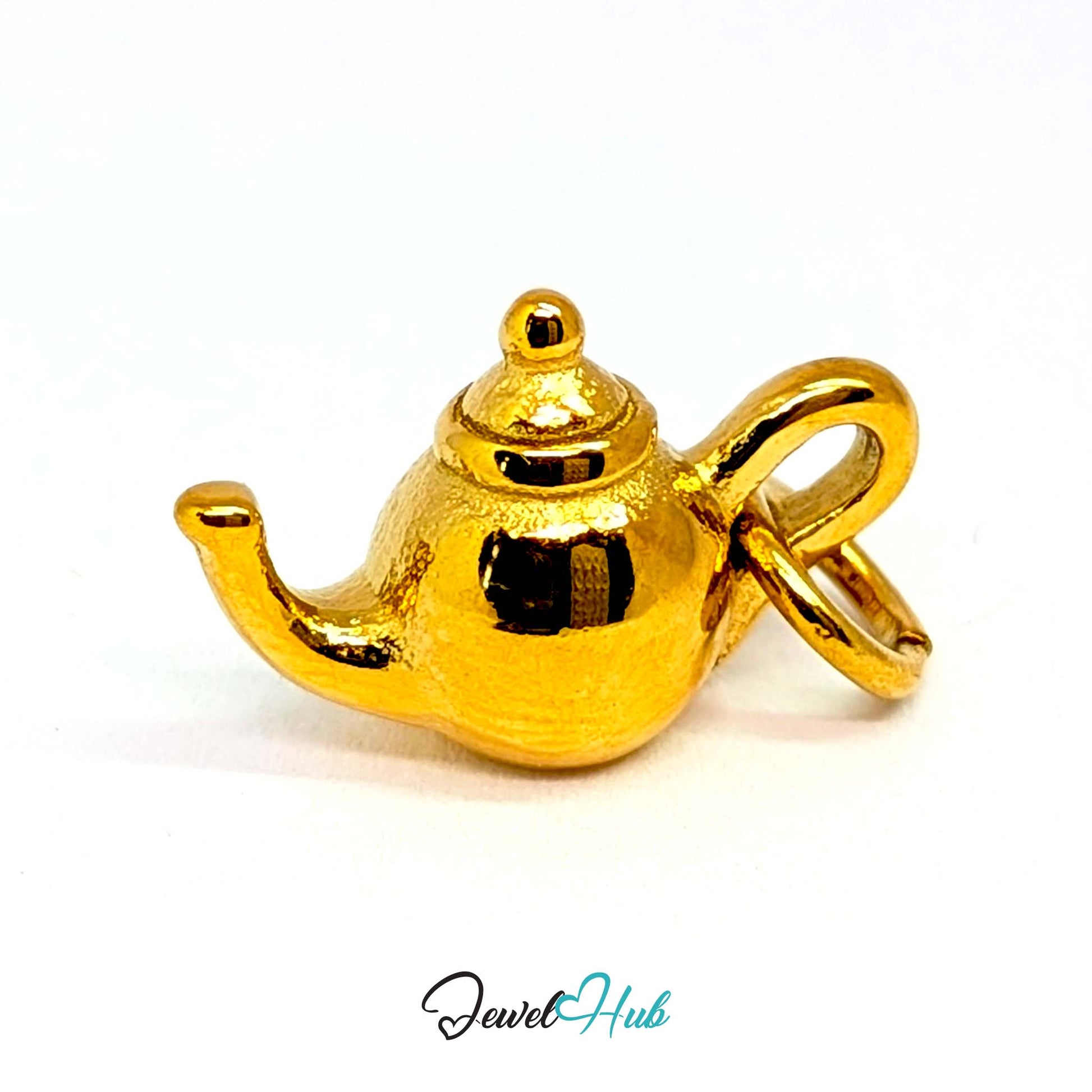 Three-dimensional teapot charm in gold stainless steel - angled view - JewelHub