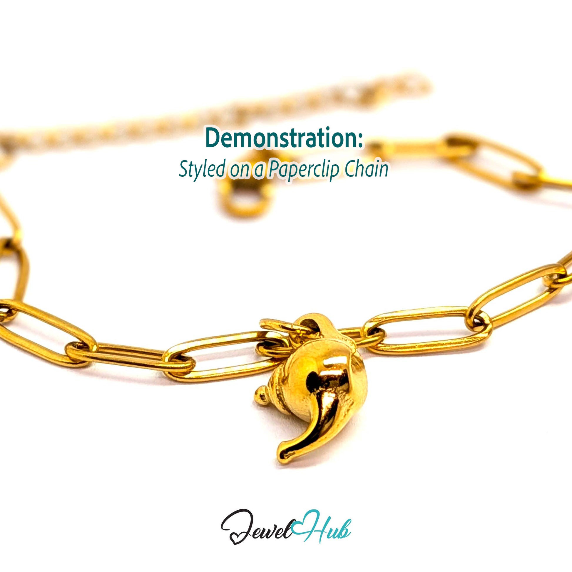 Three-dimensional teapot charm in gold stainless steel - styled on a gold paperclip chain bracelet - JewelHub