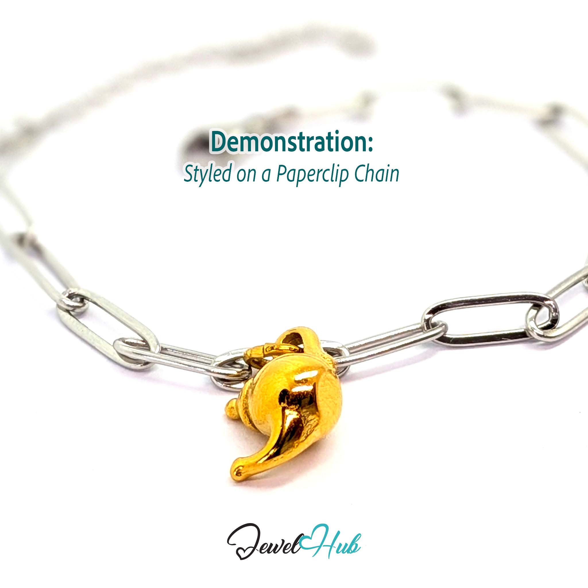 Three-dimensional teapot charm in gold stainless steel - styled on a silver paperclip chain bracelet - JewelHub
