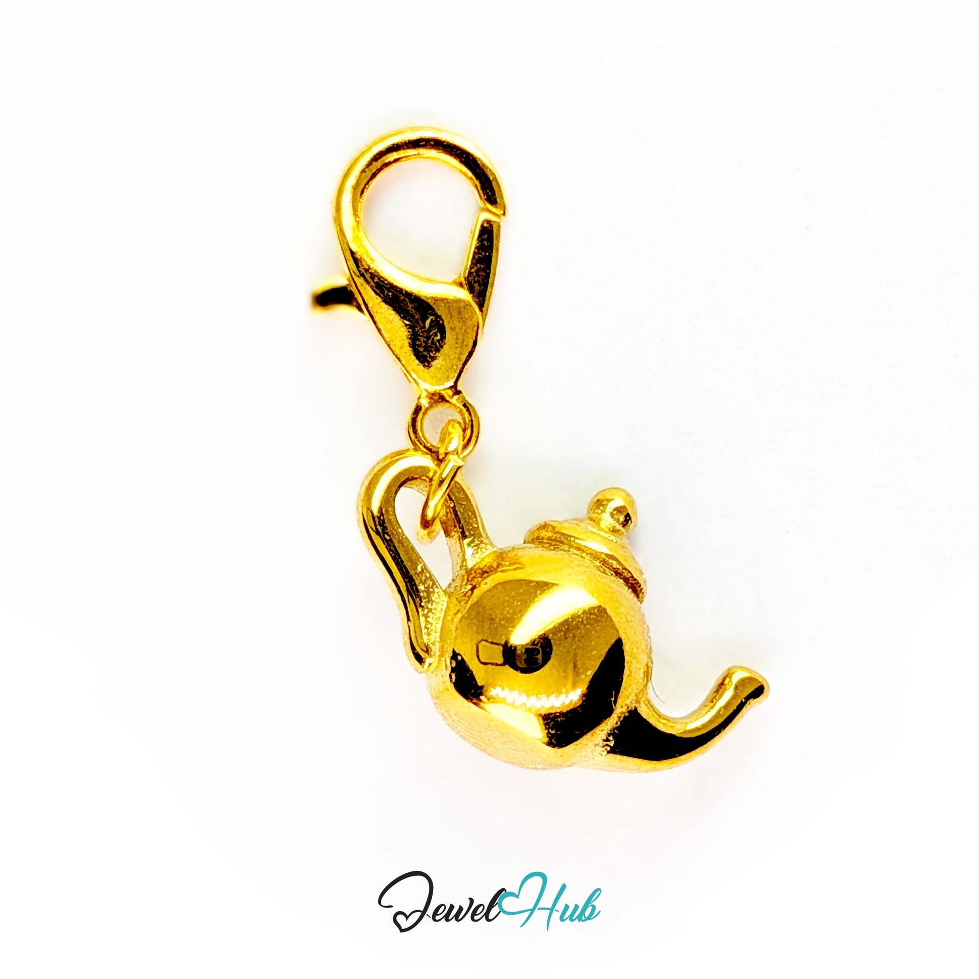 Three-dimensional teapot charm in gold stainless steel - shown with the lobster clasp attached - JewelHub