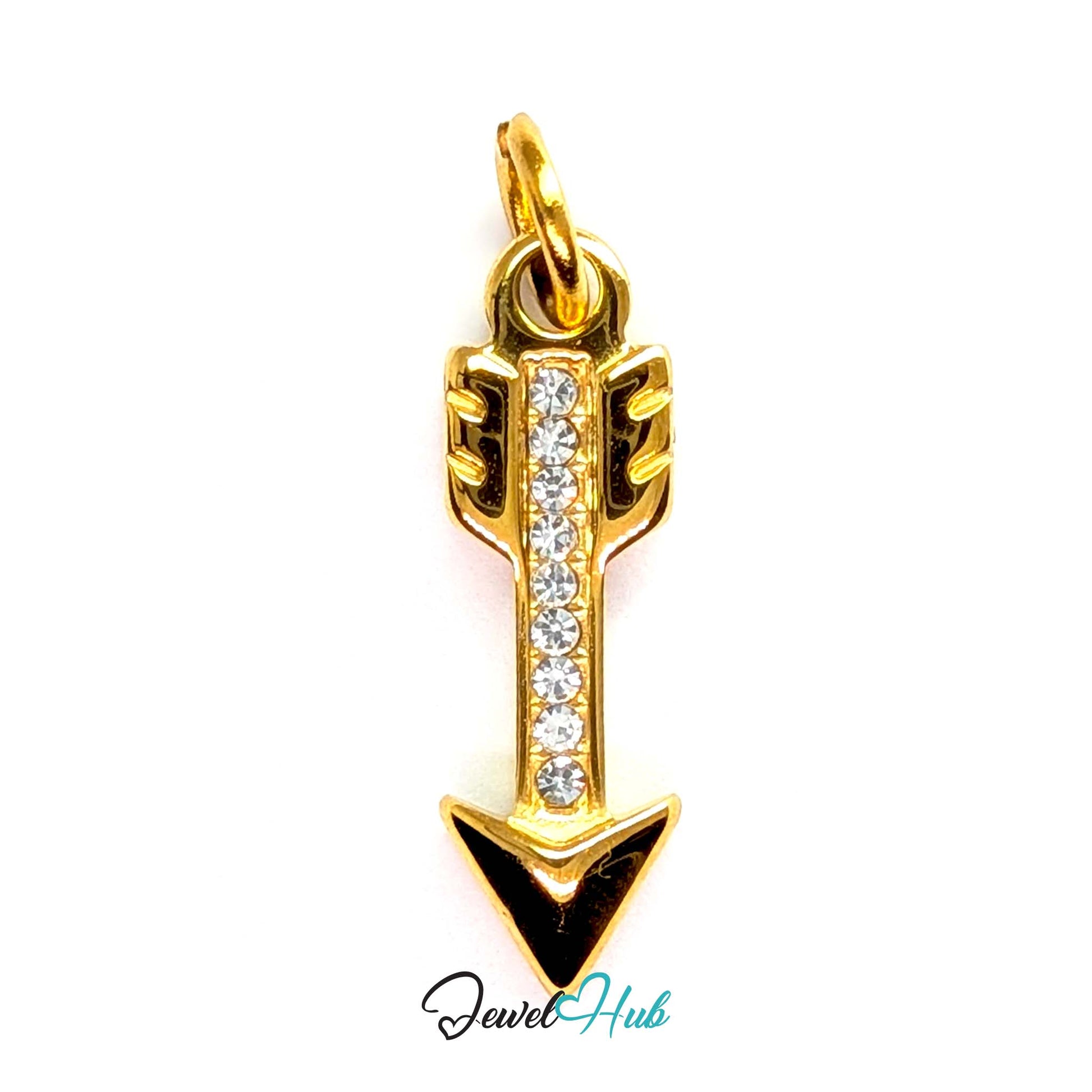Arrow charm in gold stainless steel with clear crystals - front view - JewelHub