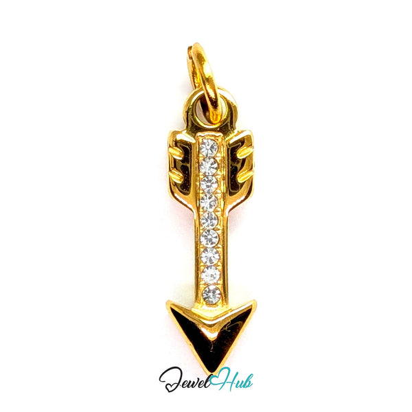 Arrow charm in gold stainless steel with clear crystals - front view - JewelHub
