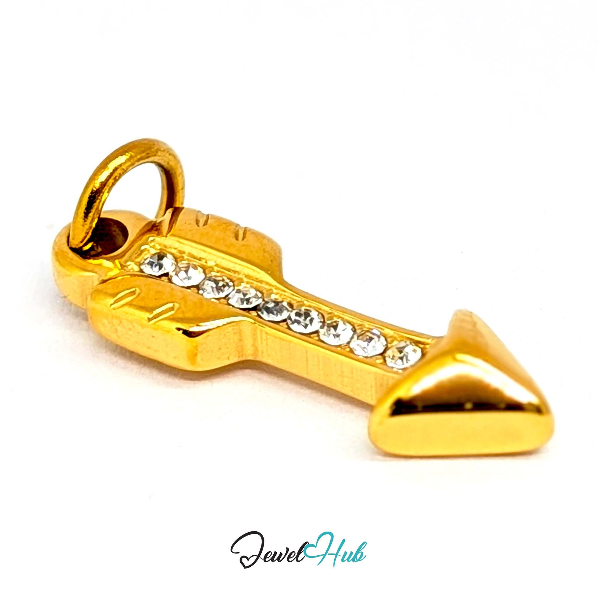 Arrow charm in gold stainless steel with clear crystals - three-quarter view - JewelHub