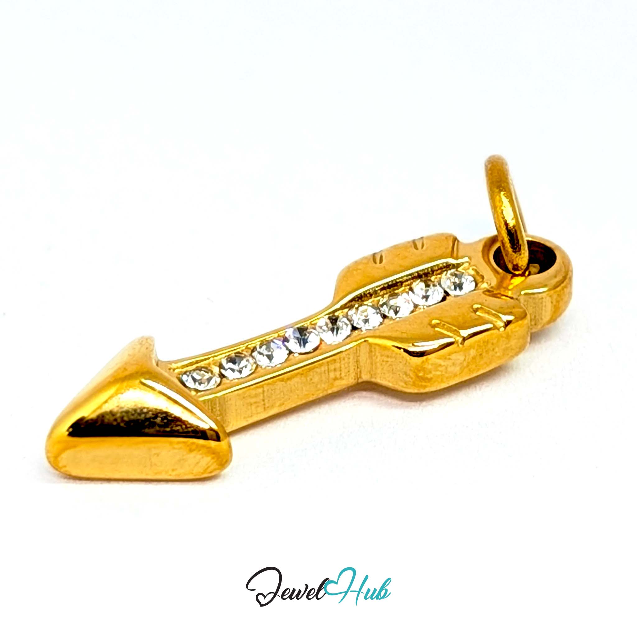 Arrow charm in gold stainless steel with clear crystals - angled view - JewelHub