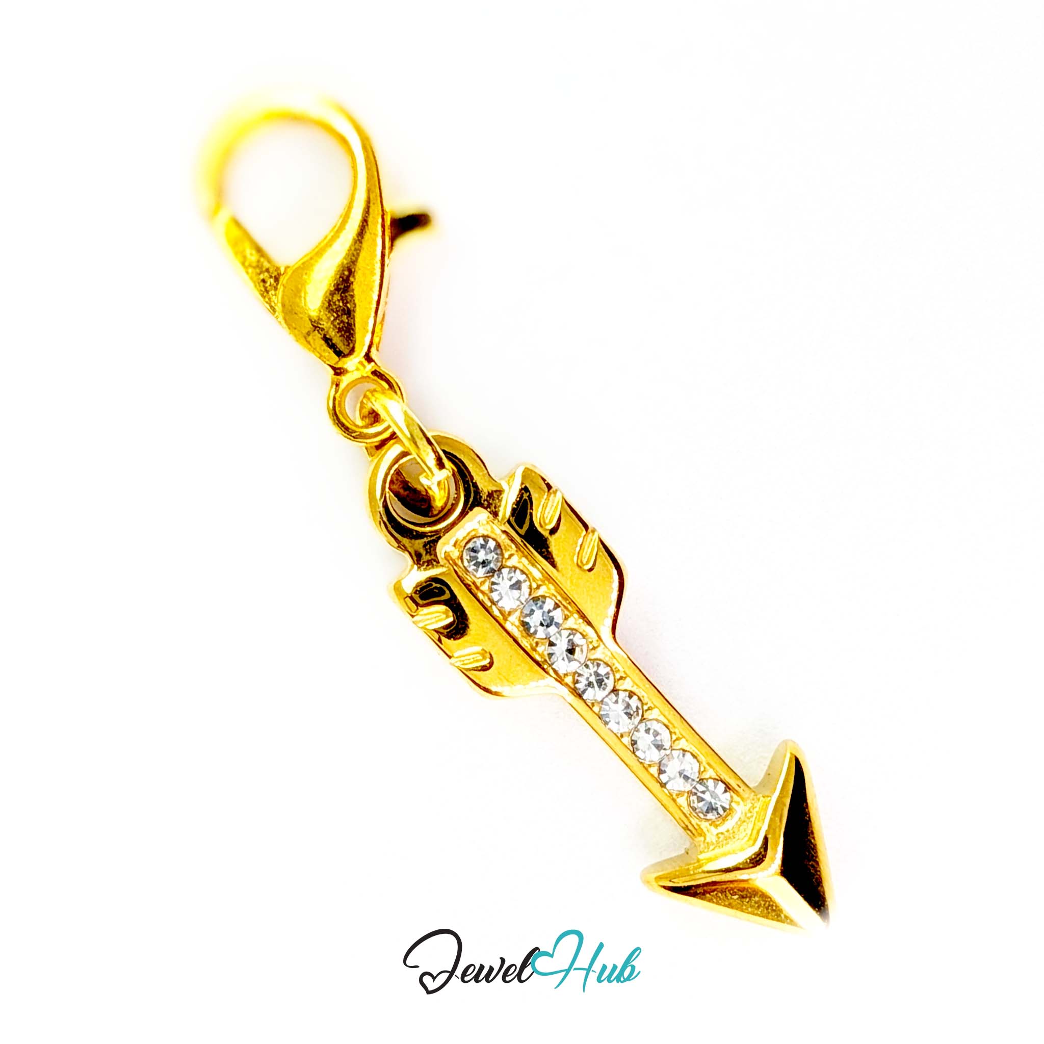 Arrow charm in gold stainless steel with clear crystals - shown with the lobster clasp attached - JewelHub