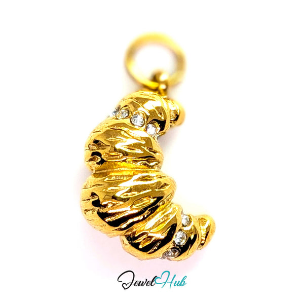 Croissant charm in gold stainless steel with clear crystals - front view - JewelHub