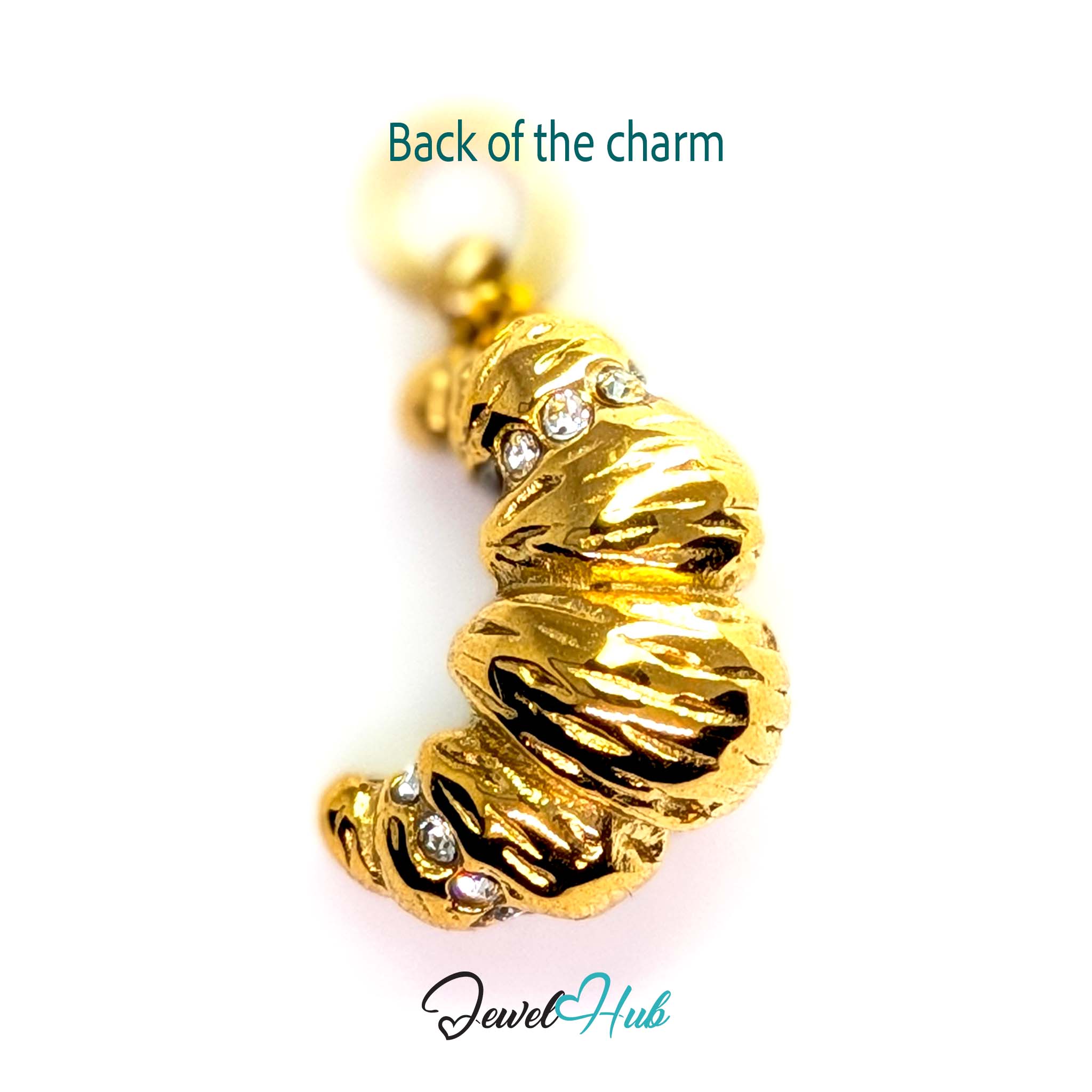 Croissant charm in gold stainless steel with clear crystals - reverse - JewelHub