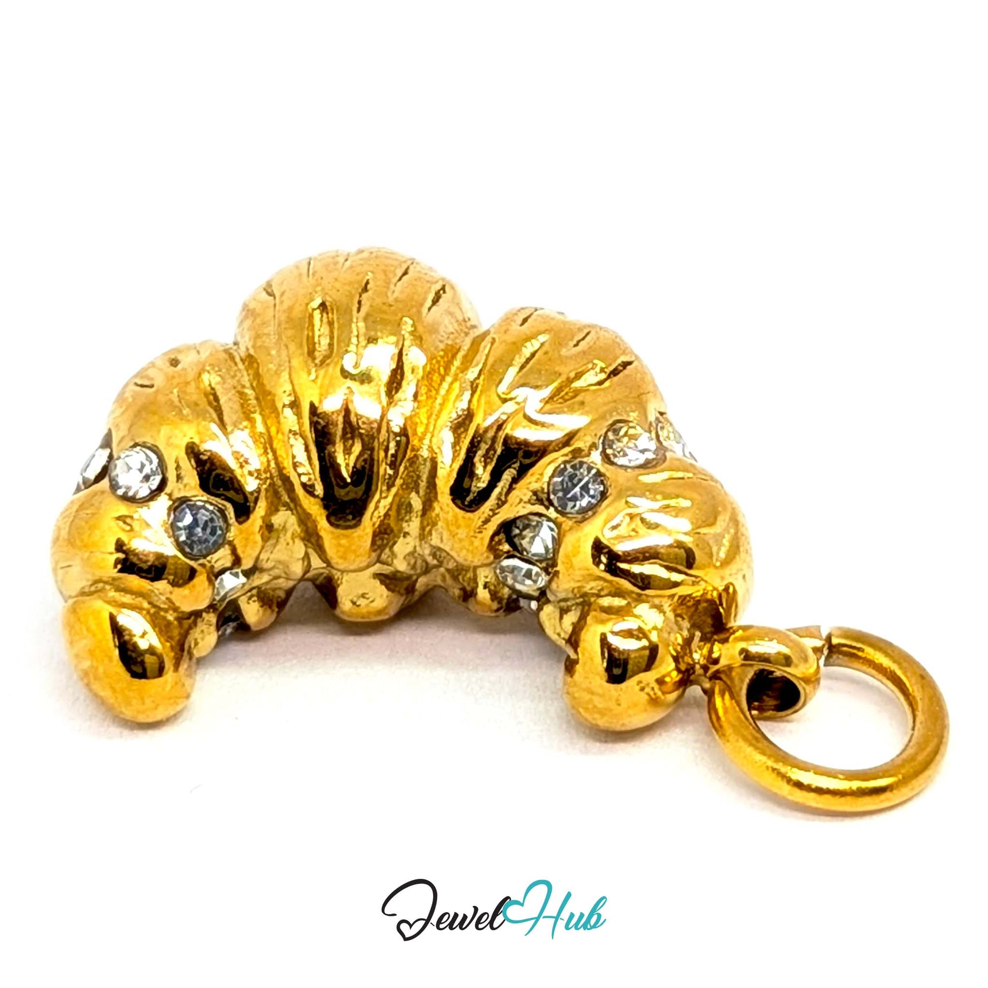 Croissant charm in gold stainless steel with clear crystals - three-quarter view - JewelHub