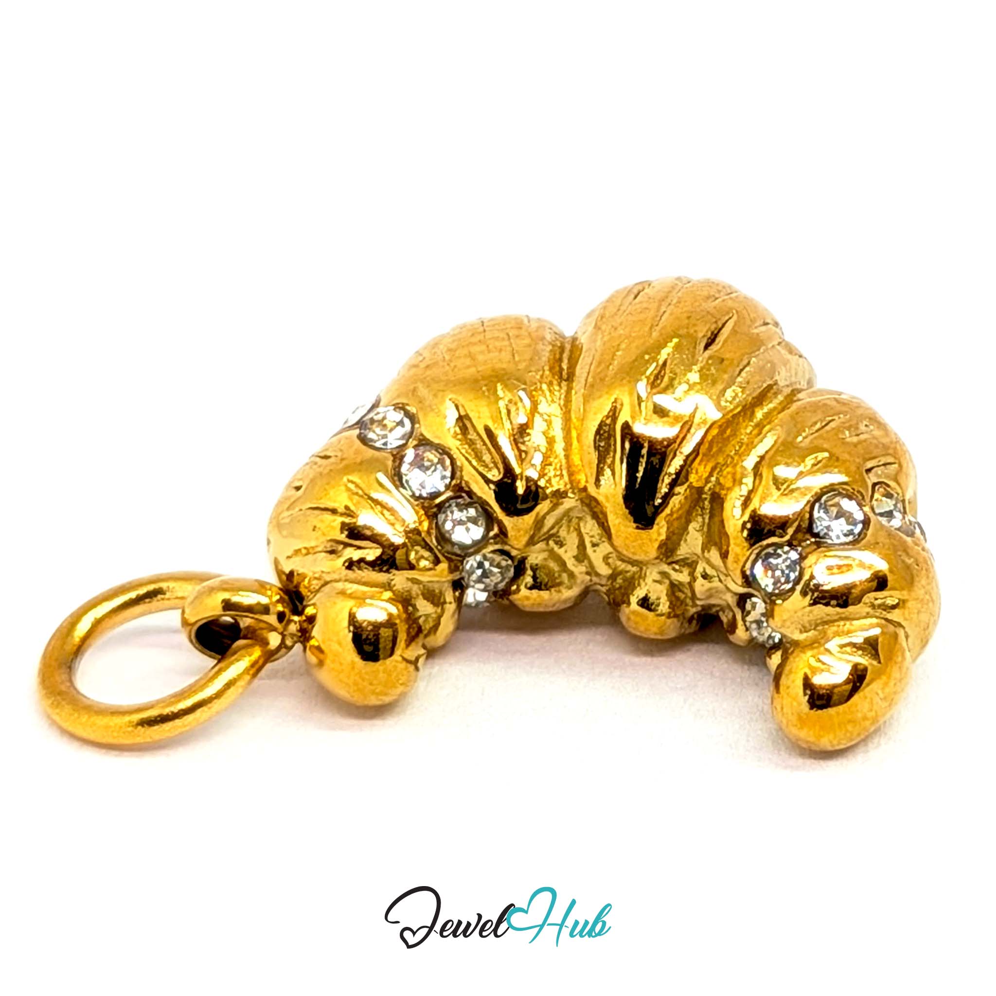 Croissant charm in gold stainless steel with clear crystals - angled view - JewelHub