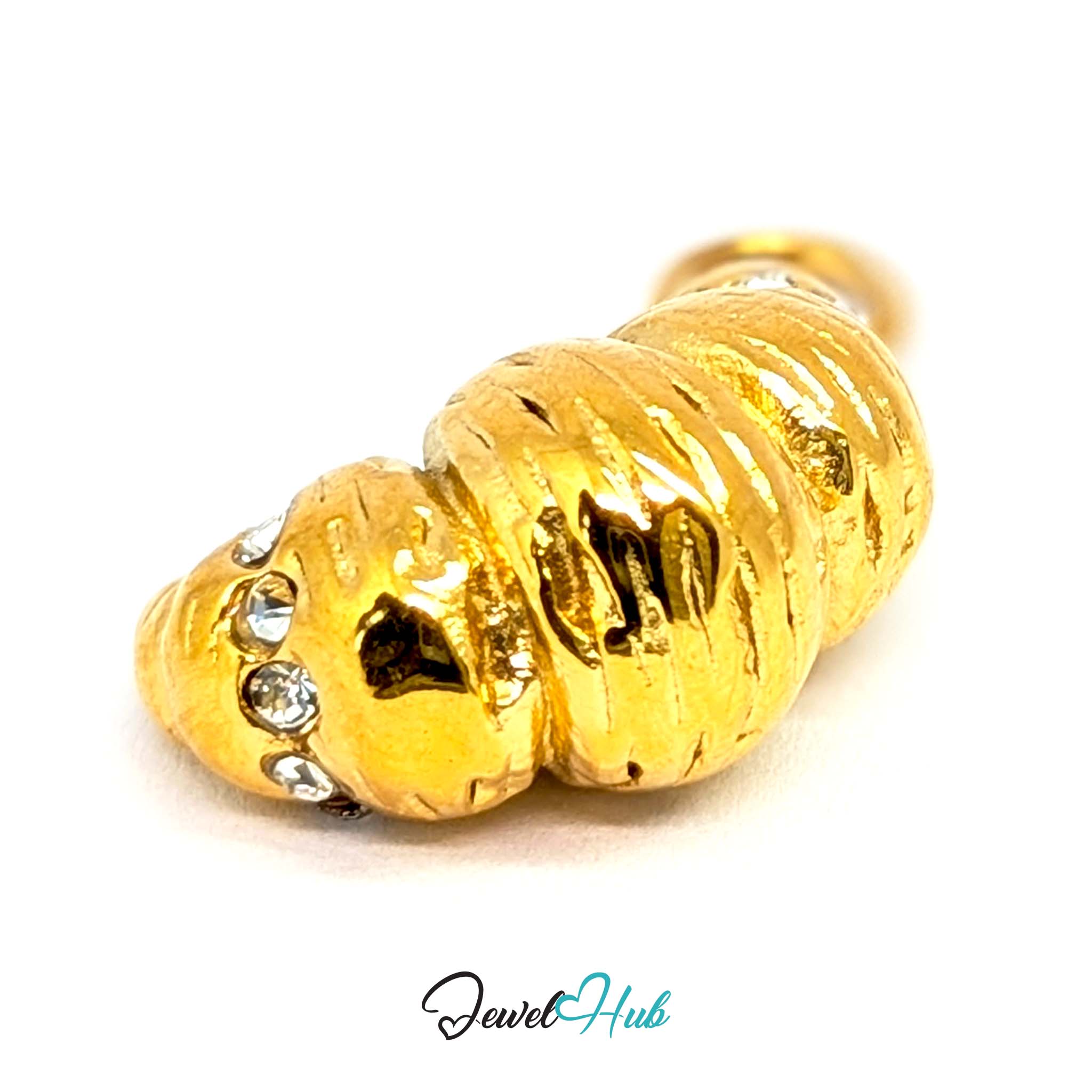 Croissant charm in gold stainless steel with clear crystals - turned to show depth - JewelHub
