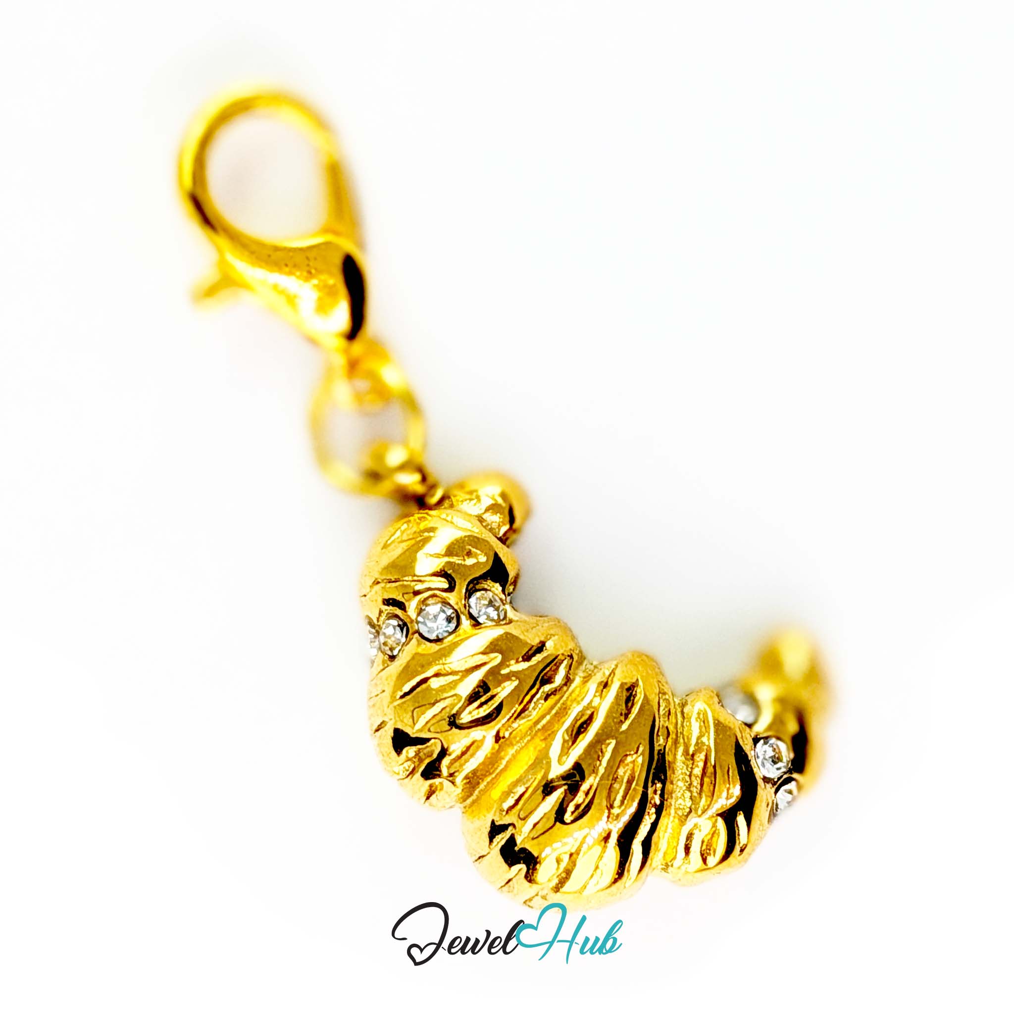 Croissant charm in gold stainless steel with clear crystals - shown with the lobster clasp attached - JewelHub