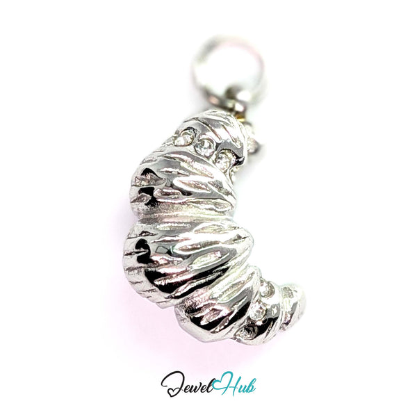 Croissant charm in silver stainless steel with clear crystals - front view - JewelHub
