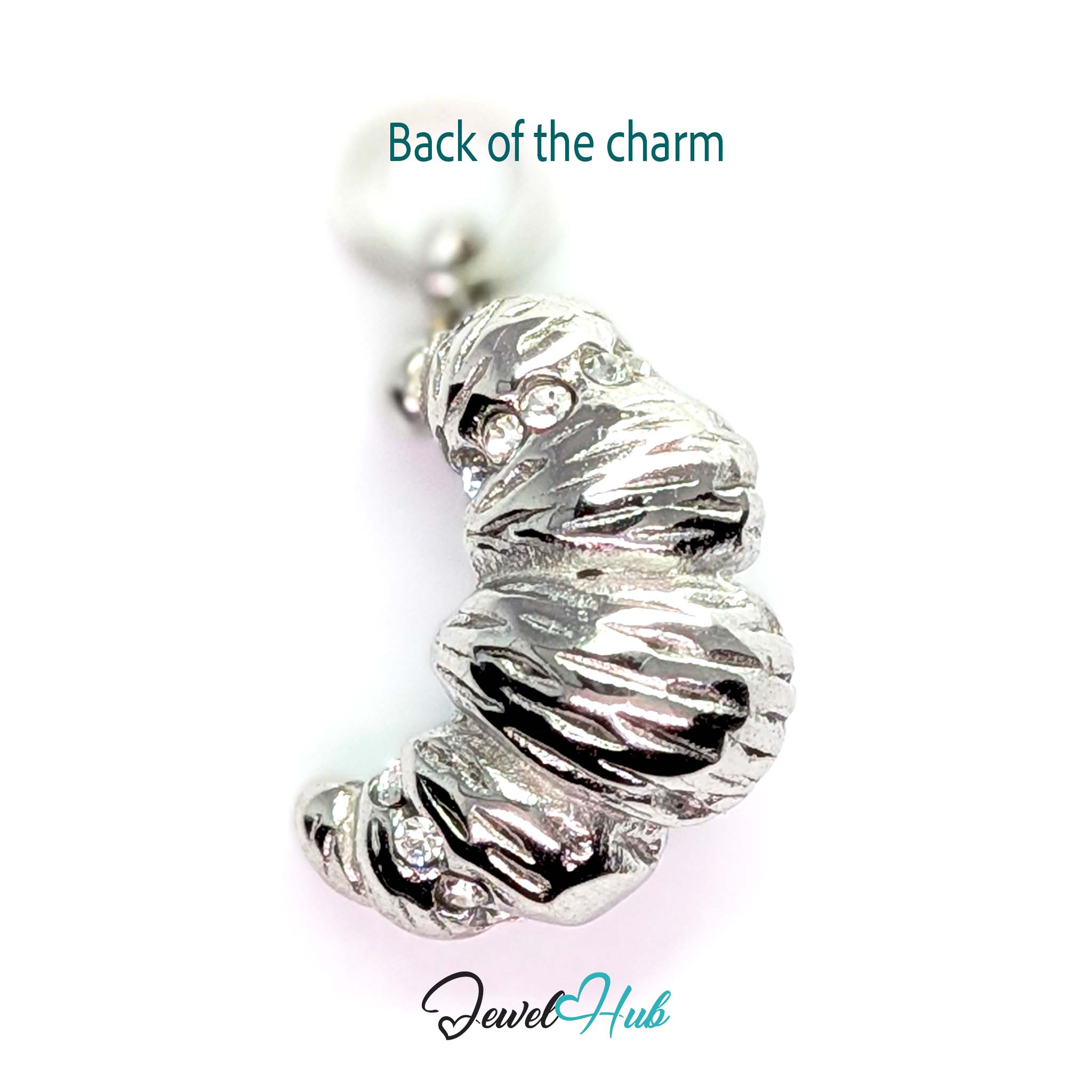 Croissant charm in silver stainless steel with clear crystals - reverse - JewelHub