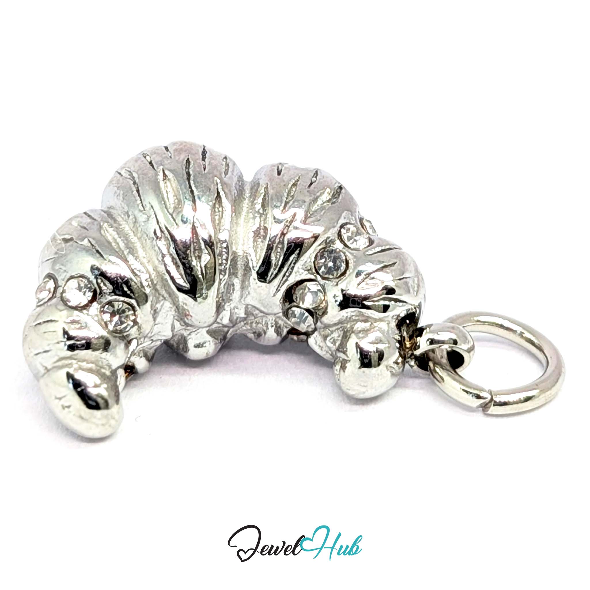 Croissant charm in silver stainless steel with clear crystals - three-quarter view - JewelHub