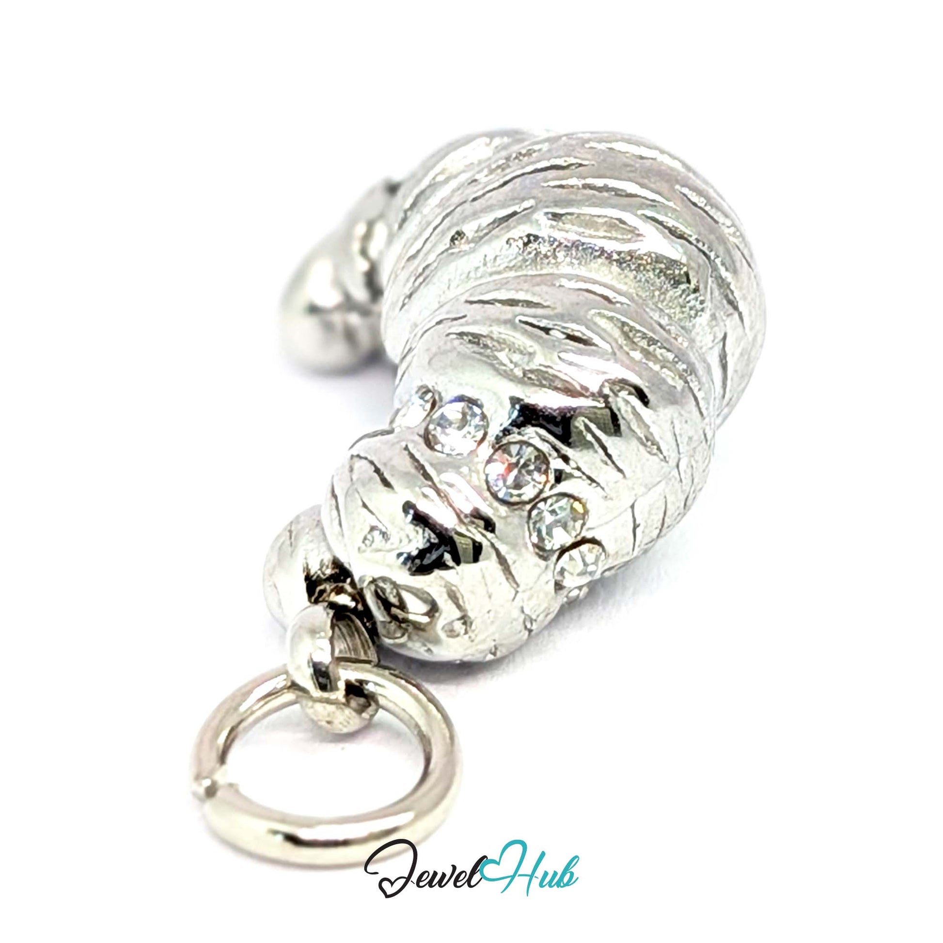 Croissant charm in silver stainless steel with clear crystals - angled view - JewelHub