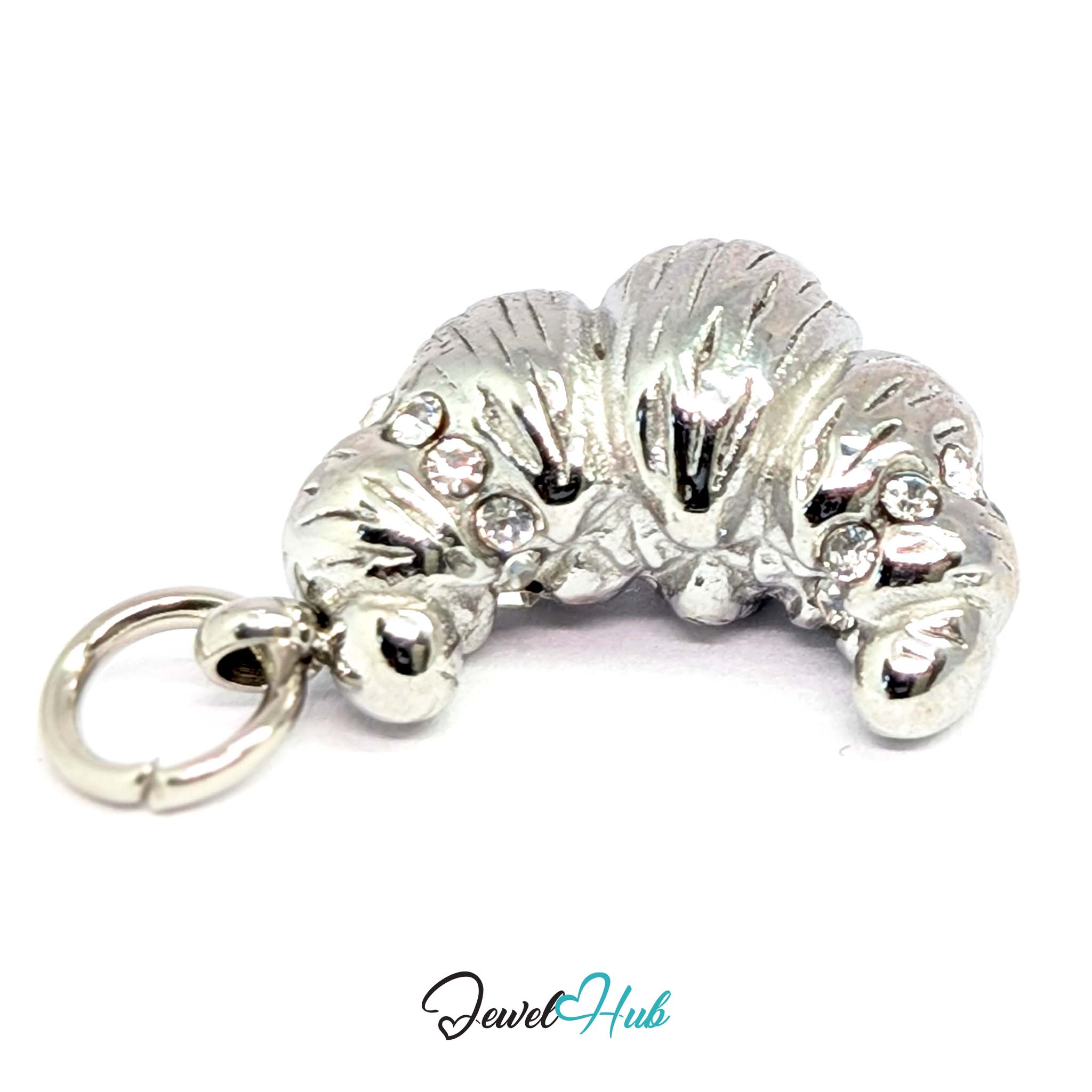 Croissant charm in silver stainless steel with clear crystals - turned to show depth - JewelHub