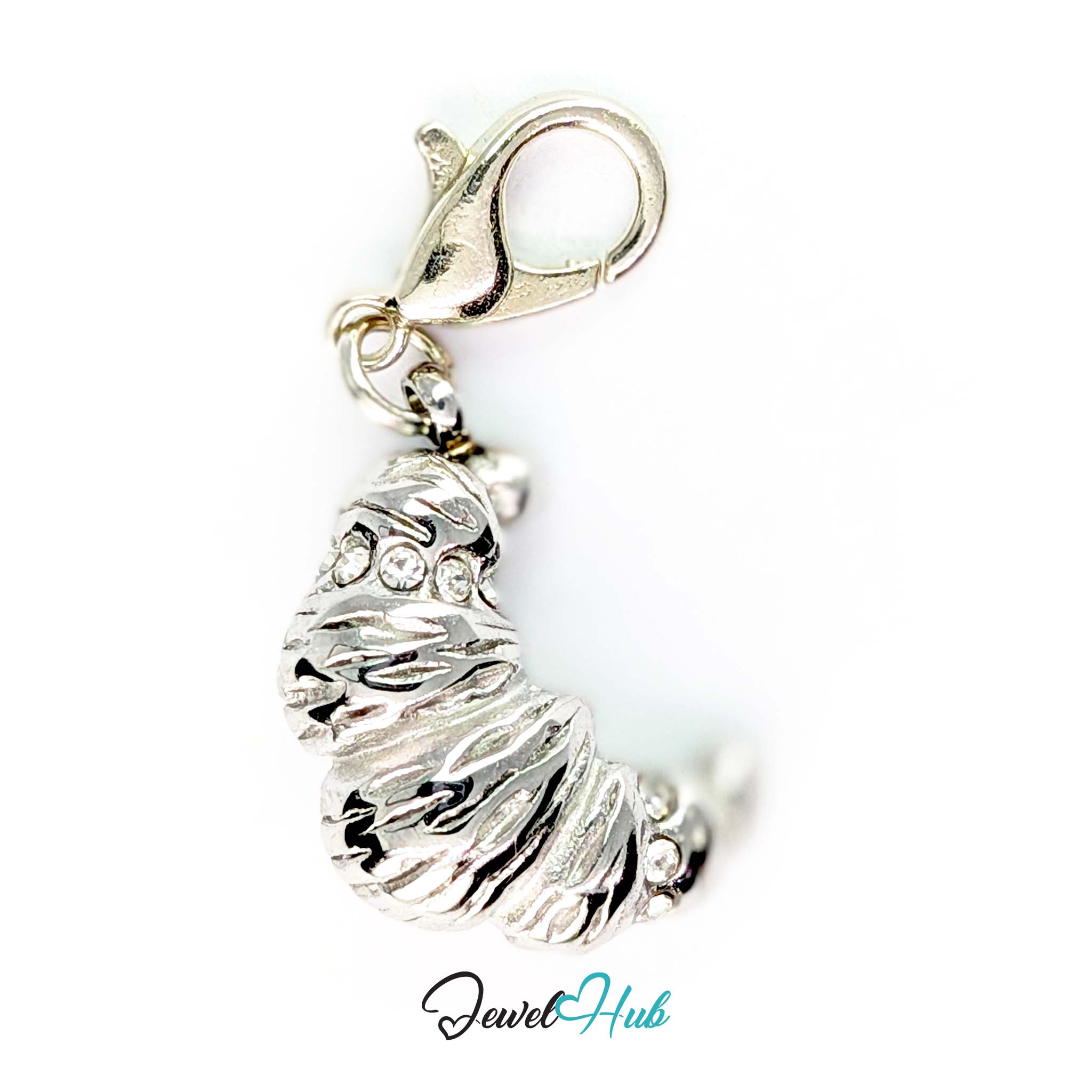 Croissant charm in silver stainless steel with clear crystals - shown with the lobster clasp attached - JewelHub