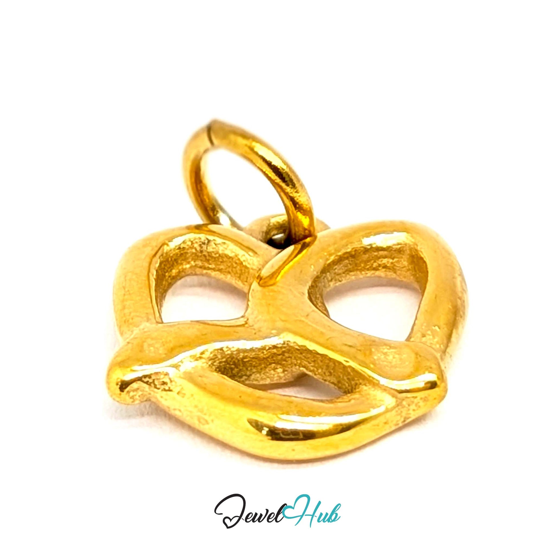 Openwork pretzel charm in gold stainless steel - turned to show depth - JewelHub