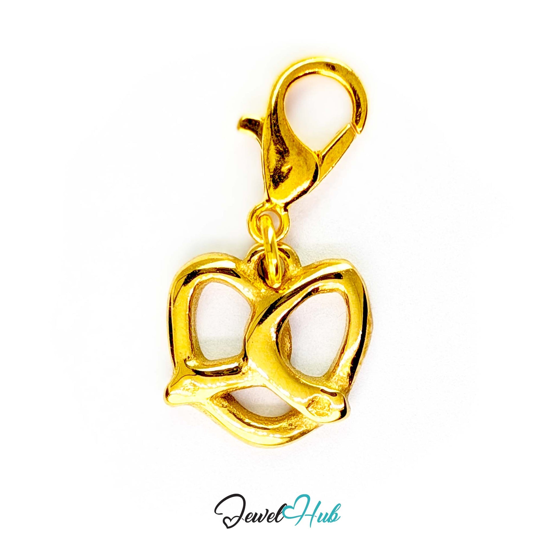 Openwork pretzel charm in gold stainless steel - shown with the lobster clasp attached - JewelHub