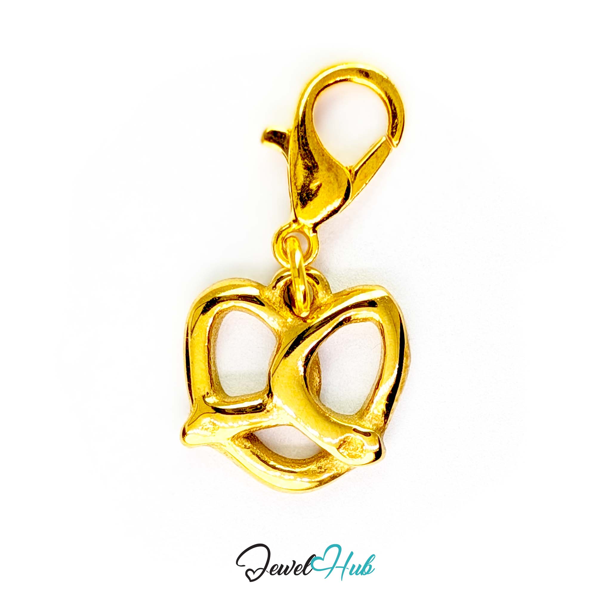 Openwork pretzel charm in gold stainless steel - shown with the lobster clasp attached - JewelHub