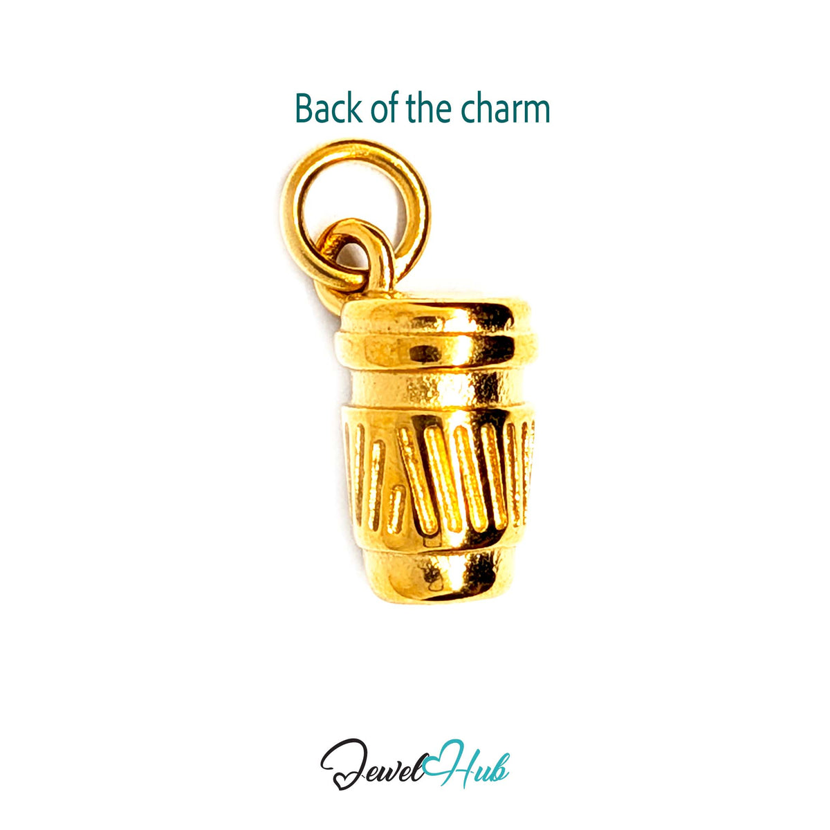 Back of the gold-tone takeaway coffee cup charm showing the sculpted reverse - JewelHub