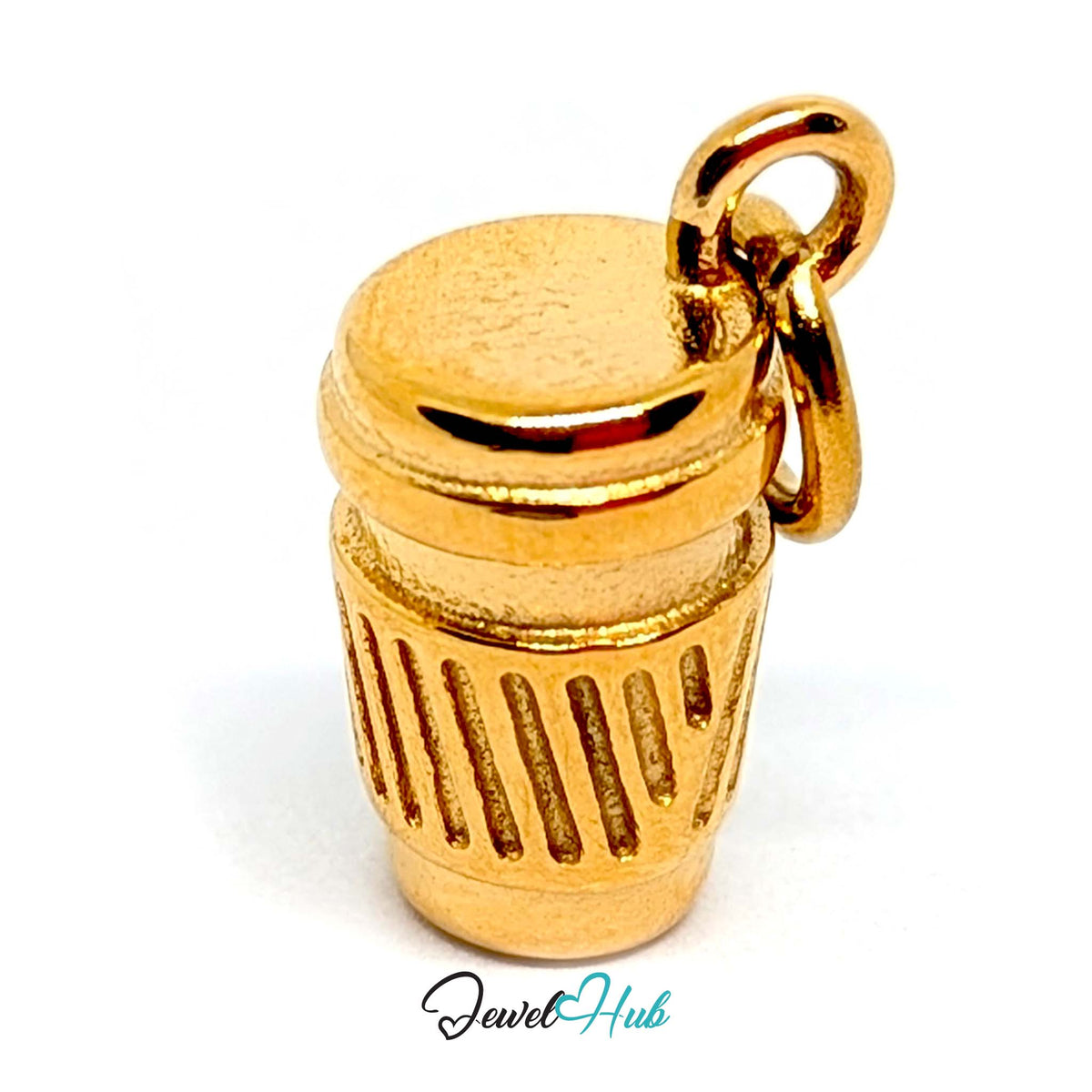 Angled view of the gold-tone takeaway coffee cup charm - JewelHub