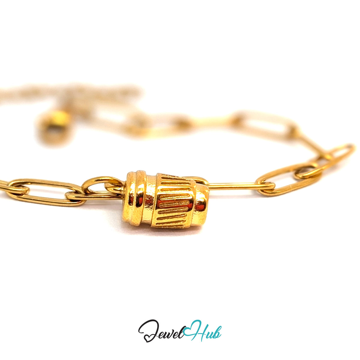 Gold-tone takeaway coffee cup charm styled on a gold paperclip chain bracelet - JewelHub