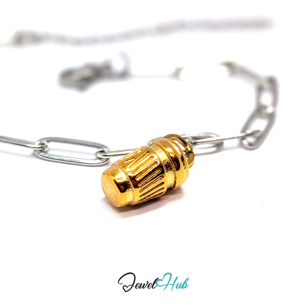Gold-tone takeaway coffee cup charm styled on a silver paperclip chain bracelet for a two-tone look - JewelHub