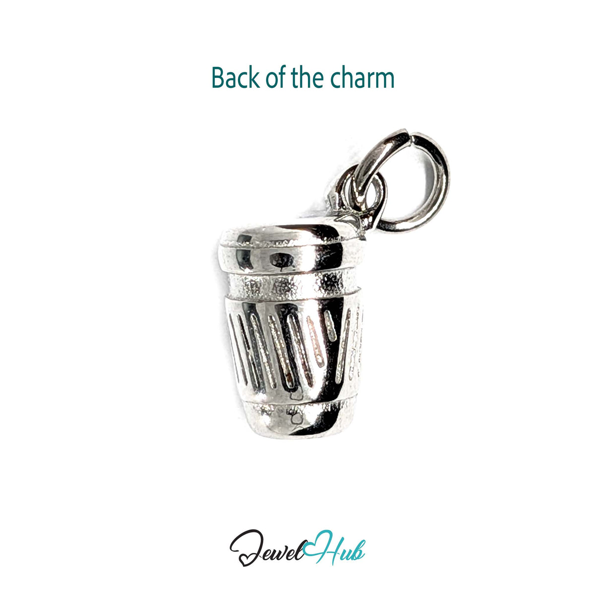 Back of the silver-tone takeaway coffee cup charm showing the sculpted reverse - JewelHub