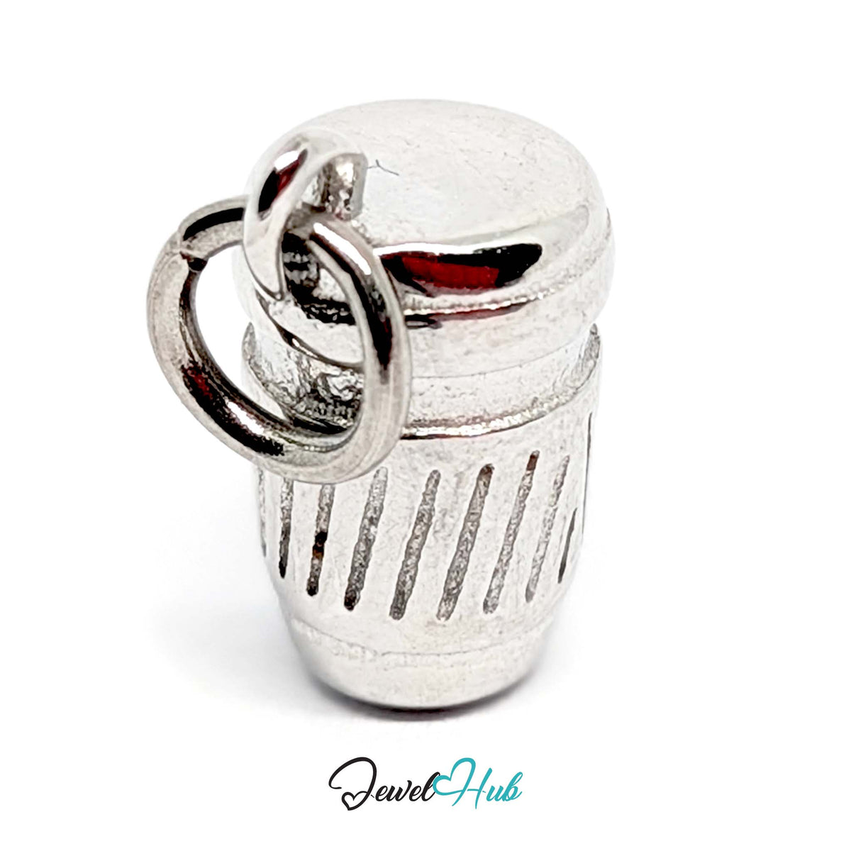 Angled view of the silver-tone takeaway coffee cup charm - JewelHub