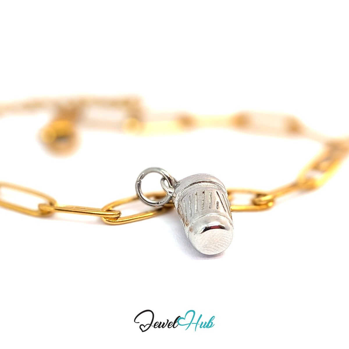 Silver-tone takeaway coffee cup charm styled on a gold paperclip chain bracelet for a two-tone look - JewelHub