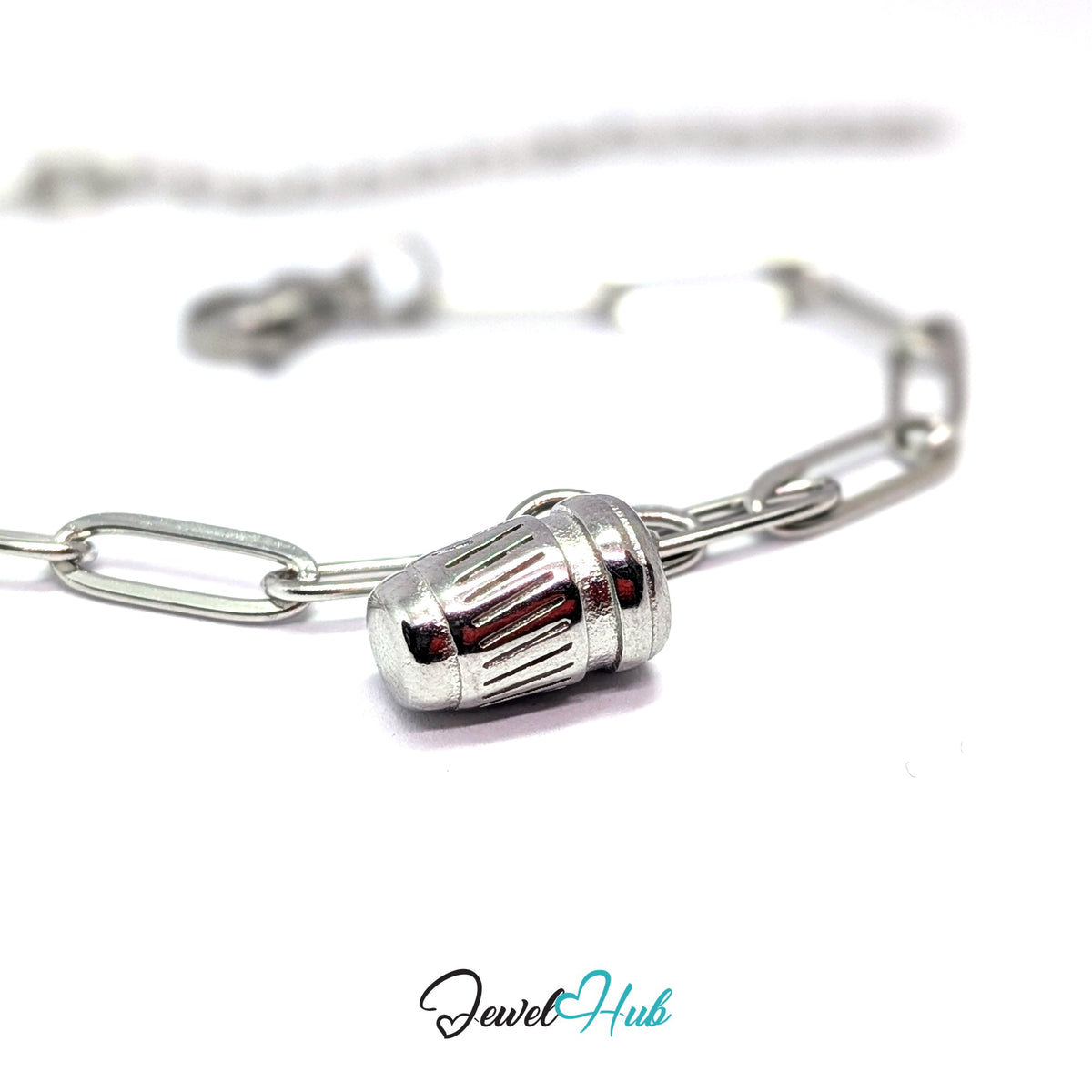 Silver-tone takeaway coffee cup charm styled on a silver paperclip chain bracelet - JewelHub