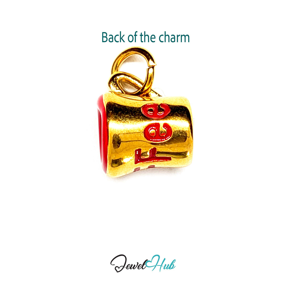 Back of the gold-tone red lettering coffee mug charm showing the sculpted reverse - JewelHub