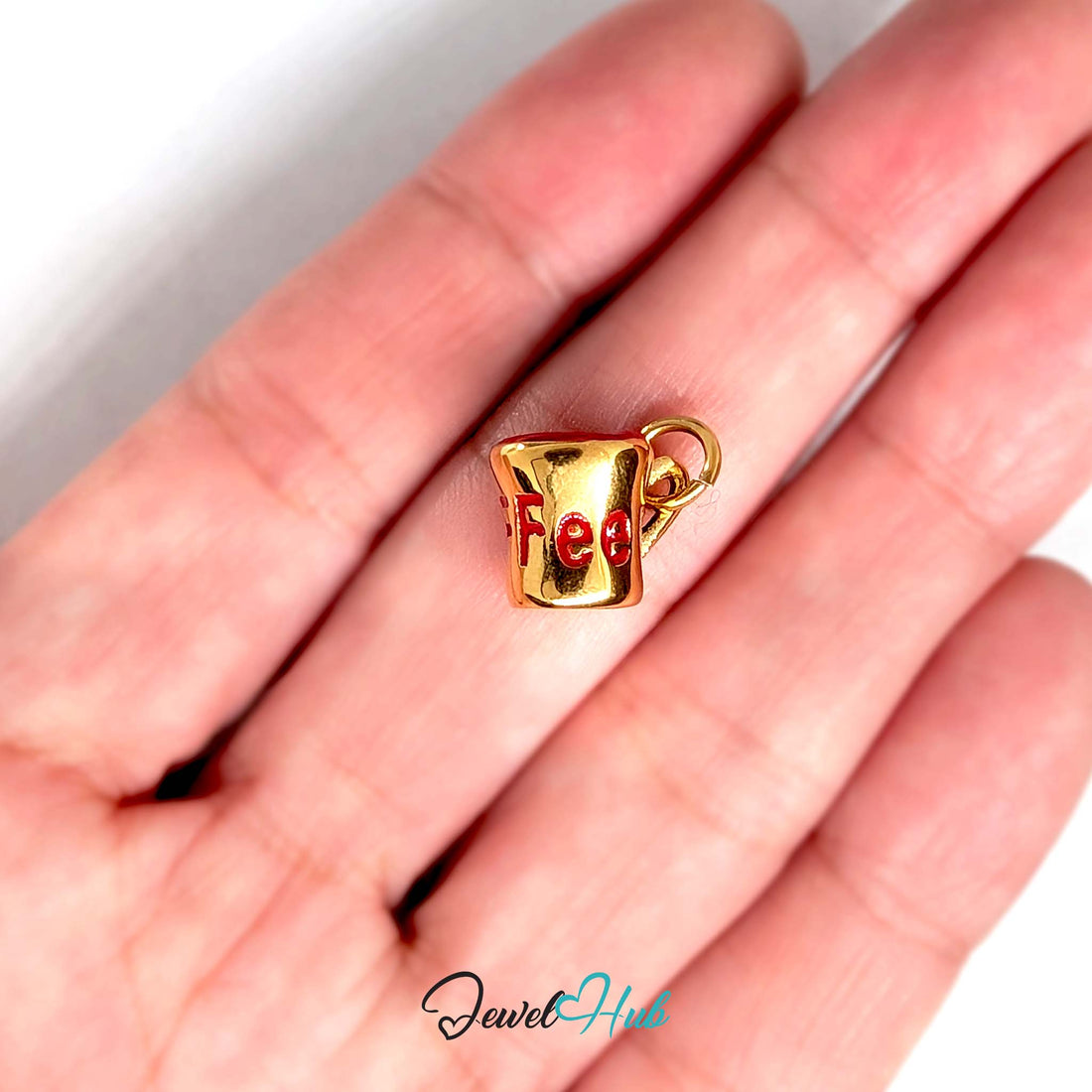 Red lettering coffee mug charm in gold-tone stainless steel - JewelHub