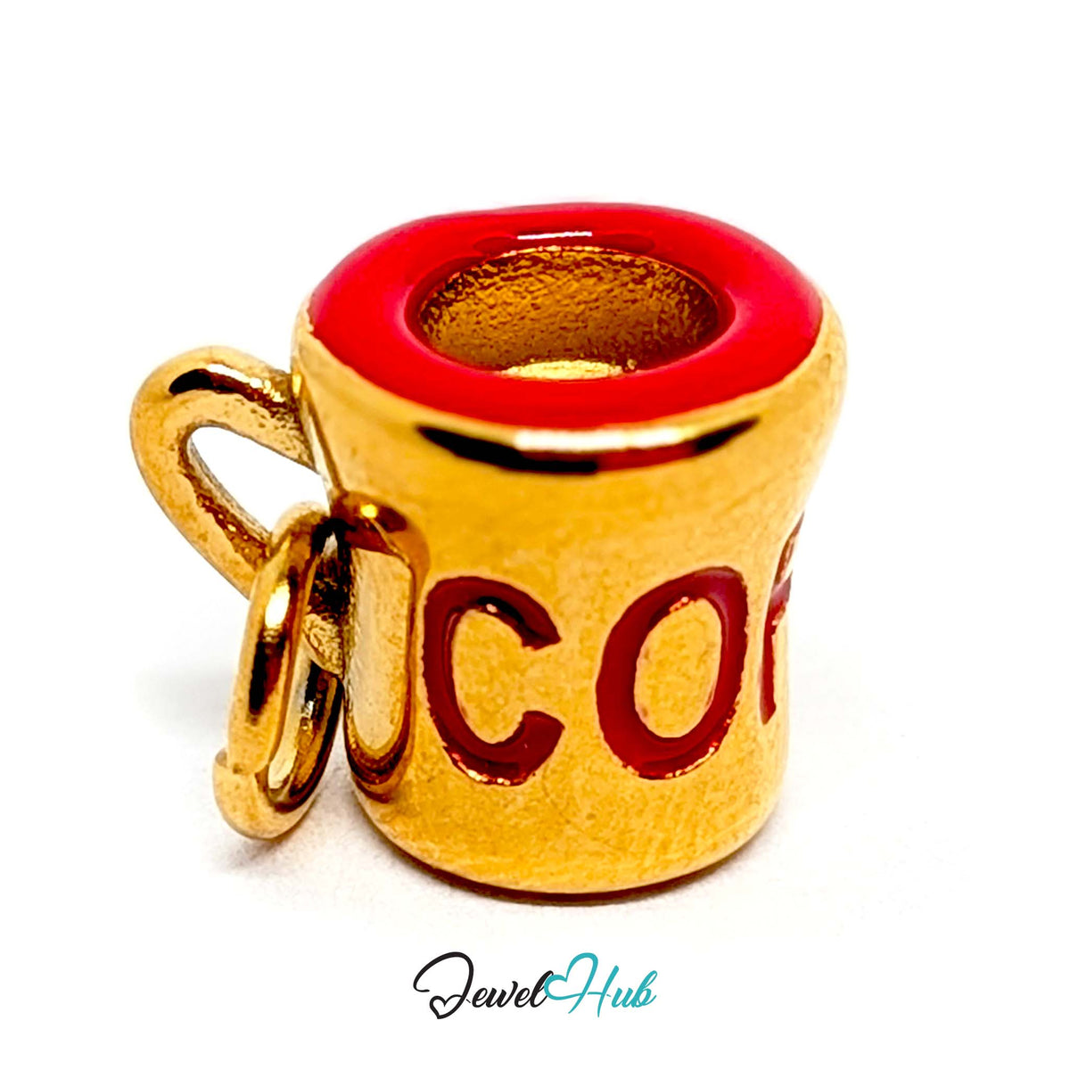 Angled view of the gold-tone red lettering coffee mug charm - JewelHub