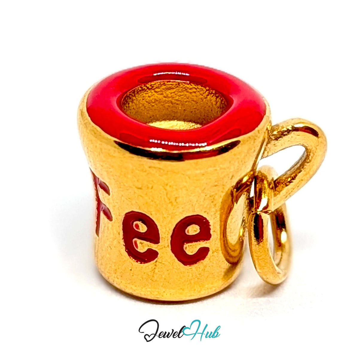 Side view of the gold-tone red lettering coffee mug charm - JewelHub