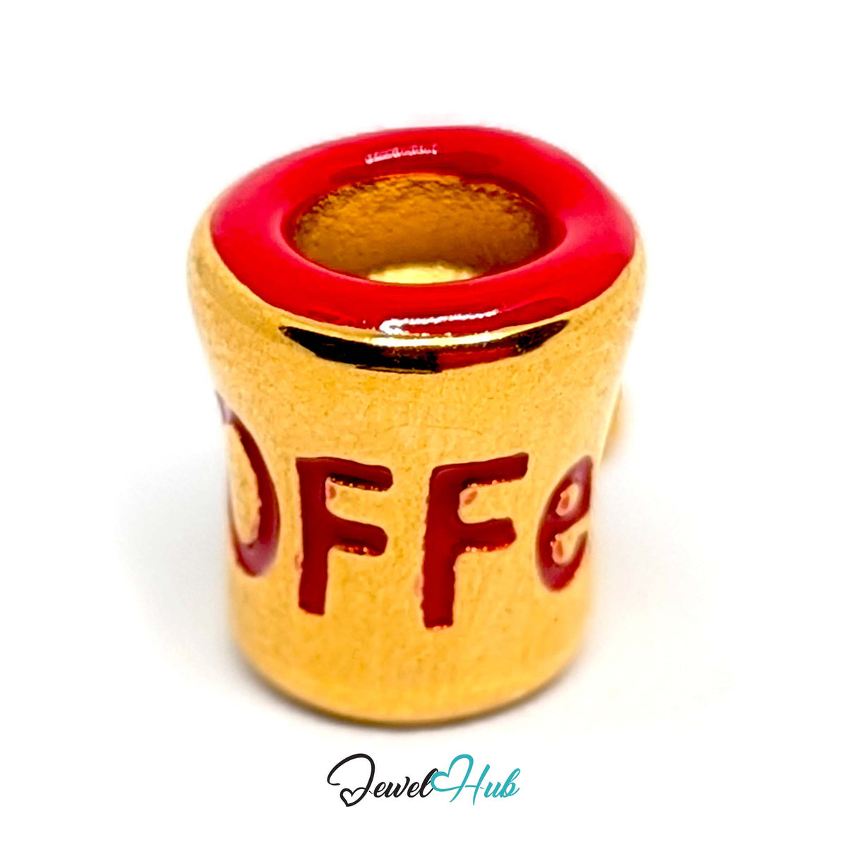Close-up of the gold-tone red lettering coffee mug charm detail - JewelHub