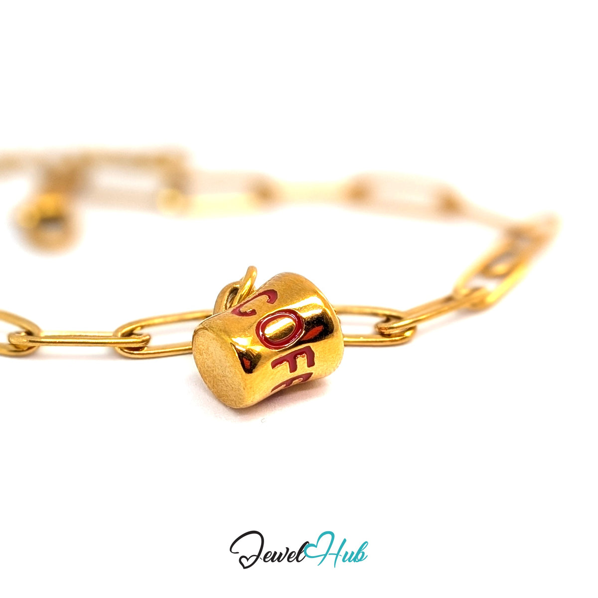 Gold-tone red lettering coffee mug charm styled on a gold paperclip chain bracelet - JewelHub