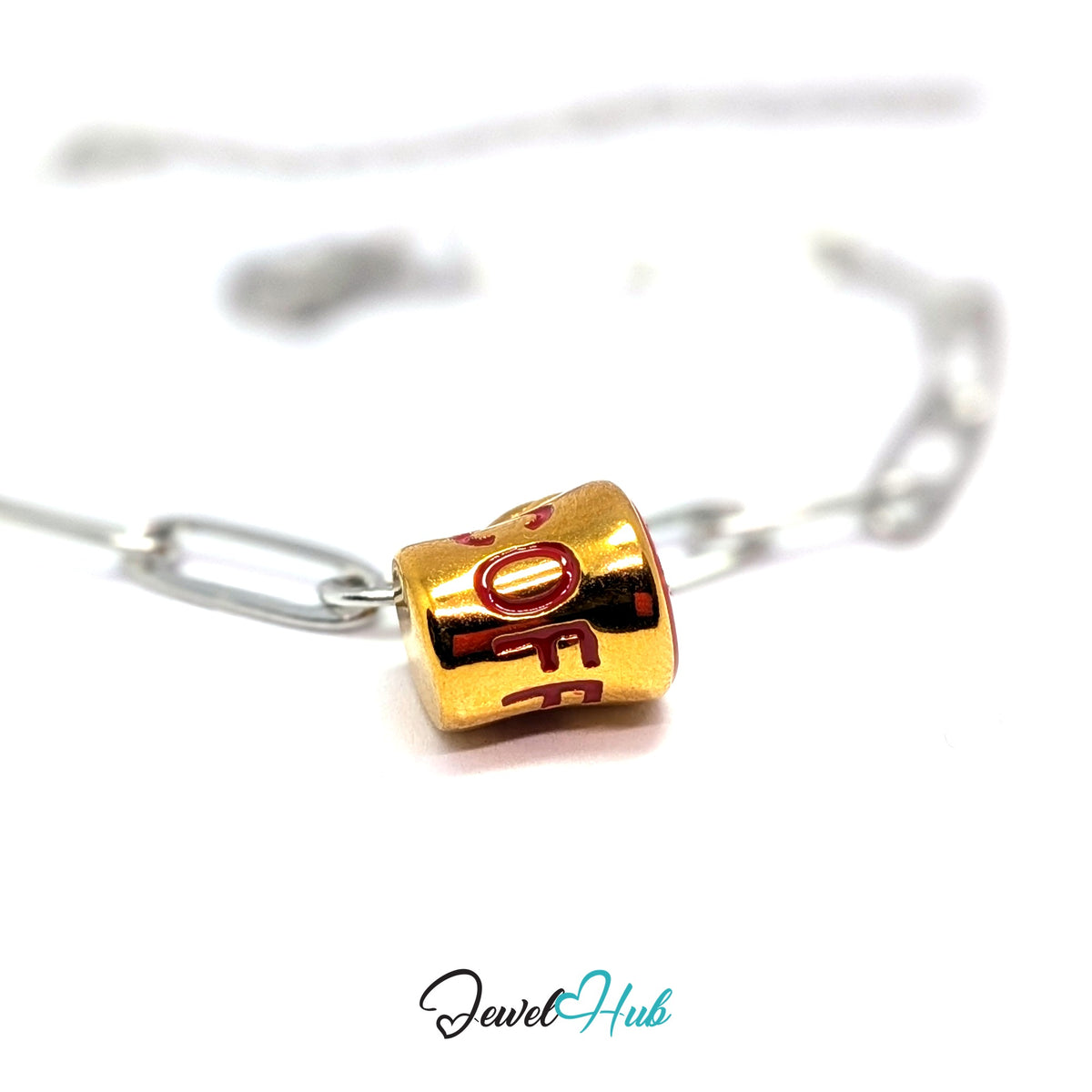Gold-tone red lettering coffee mug charm styled on a silver paperclip chain bracelet for a two-tone look - JewelHub