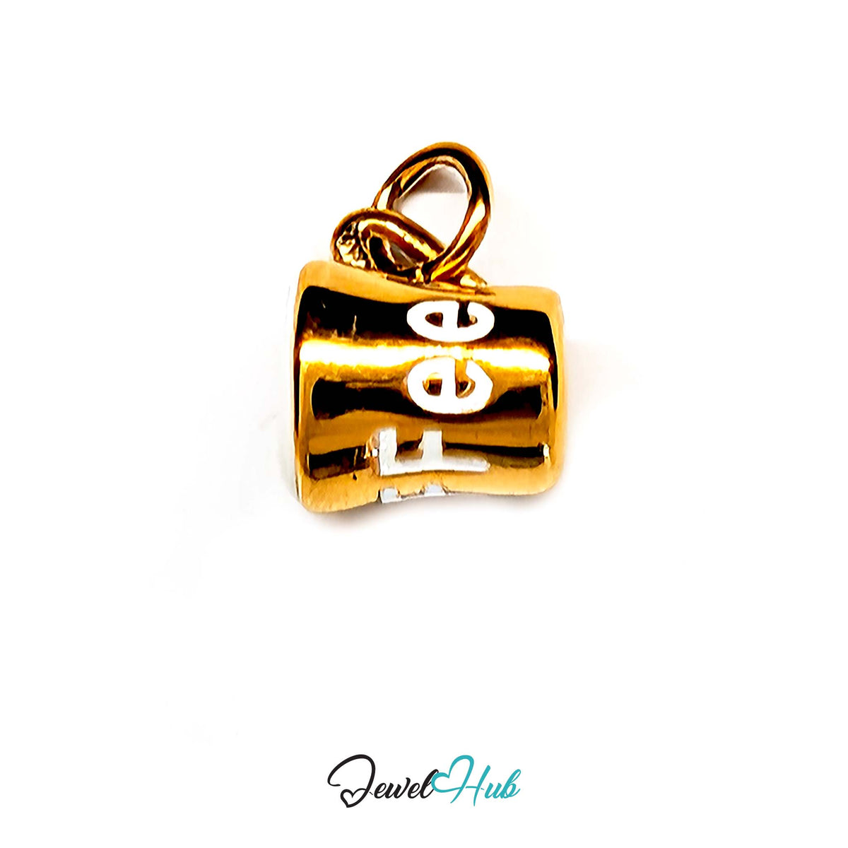 White lettering coffee mug charm in gold-tone stainless steel - JewelHub
